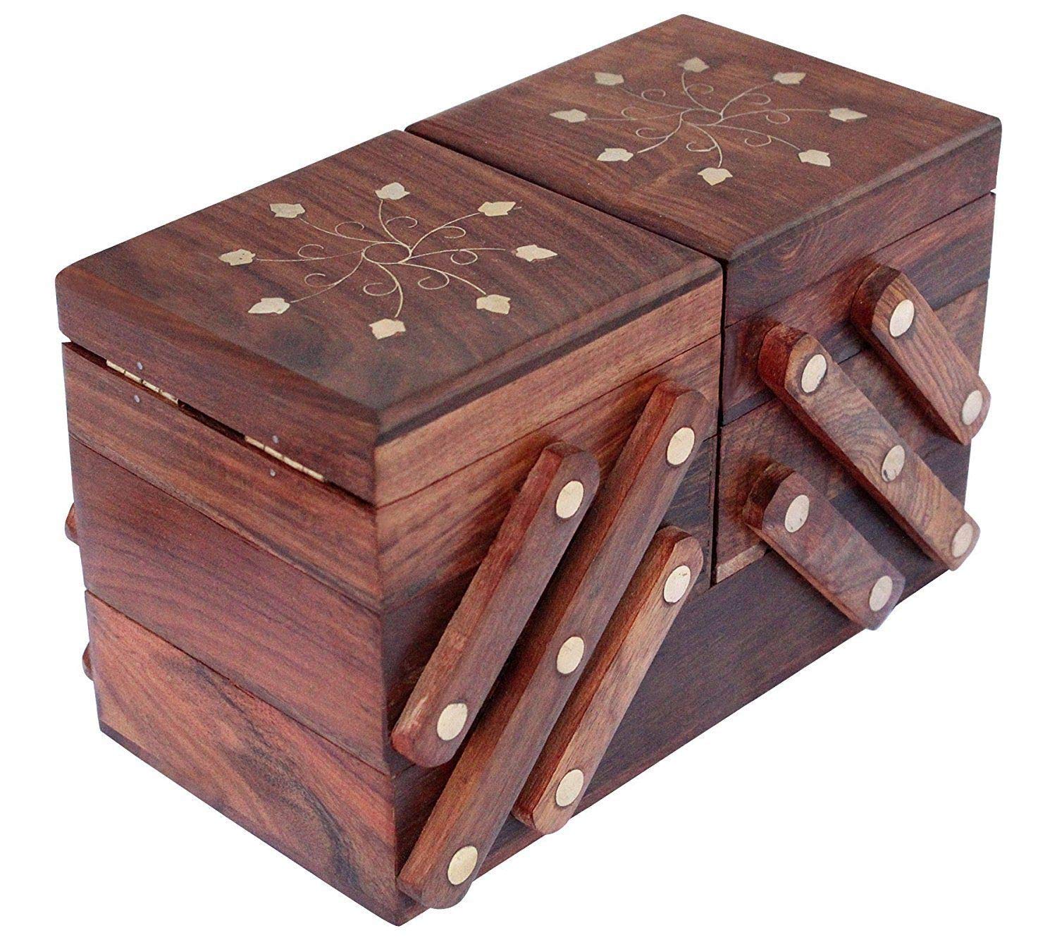Handmade Vintage Wooden Jewelry Box - Piru Foldable Jewelry Organizer with Attractive Design | Perfect for Travel, Gift Giving & Home Storage