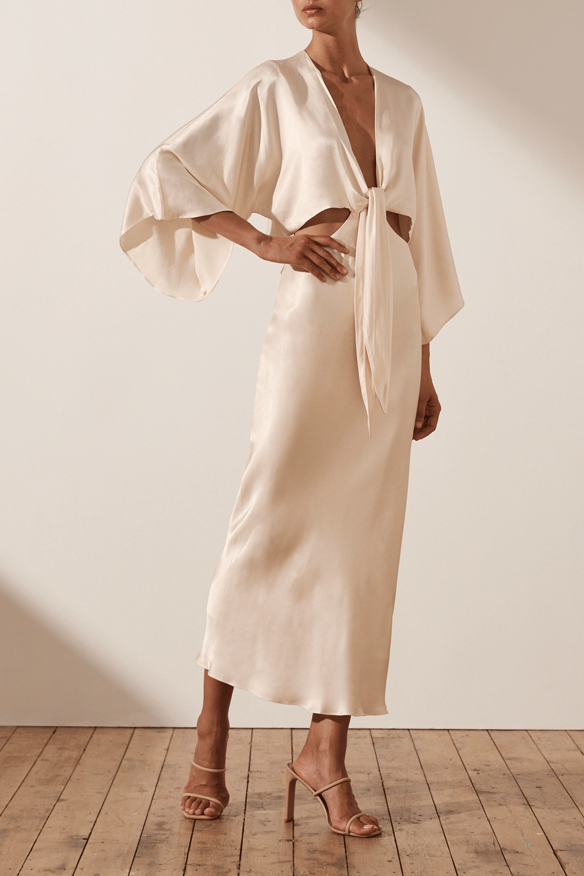 LA LUNE Tie Front Bias Cut Midi Dress in Cream - Elegant Summer Wedding Guest Dress & Casual Brunch Outfit