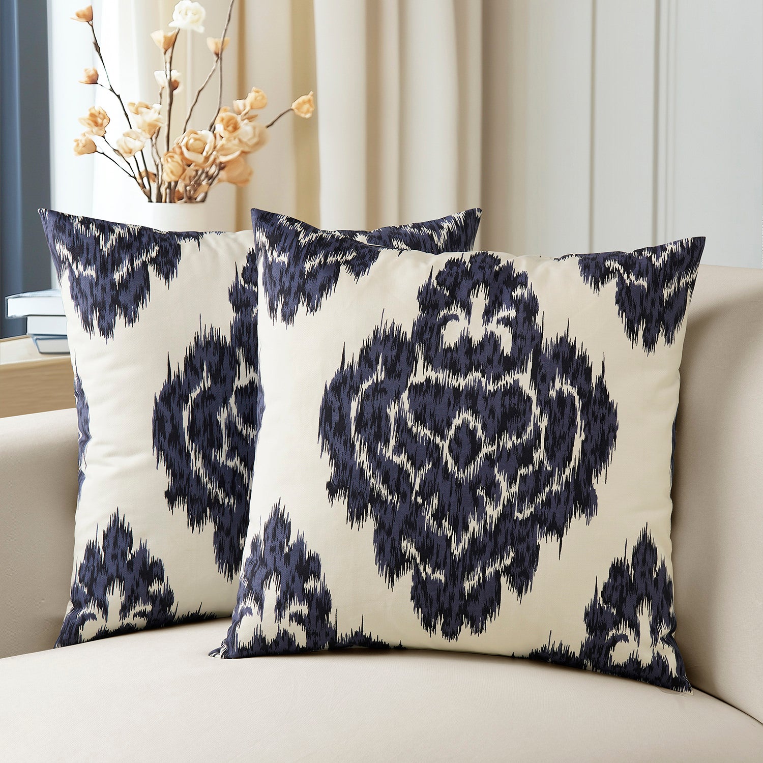 Blue Ikat Printed Cotton Cushion Covers Set of 2 - Boho Home Decor for Sofa, Bed, Living Room & Bedroom