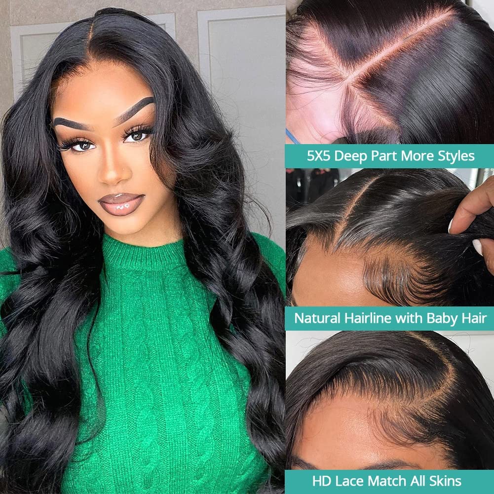 5x5 HD Lace Closure Wigs Human Hair - Body Wave Lace Front Wigs for Black Women - Glueless Pre Plucked Pre Cut 180 Density Transparent Lace Wig - Perfect for Daily Wear, Parties & Special Occasions