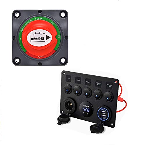 Kohree 1-2-Both-Off Battery Disconnect Switch 12V-48V for RV, Boat, Car, Truck & Marine Vehicles - Waterproof 5 Gang Rocker Switch Panel Bundle - Perfect for Off-Road, Camping & Marine Power Control