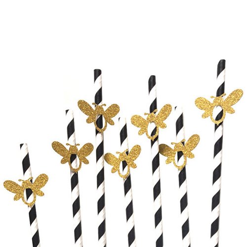 12 Pack Gold Glitter Bee Black & White Paper Straws for Baby Shower, Birthday Party, Bachelorette, Bridal Shower & Summer Celebrations - Eco-Friendly Disposable Drink Decorations