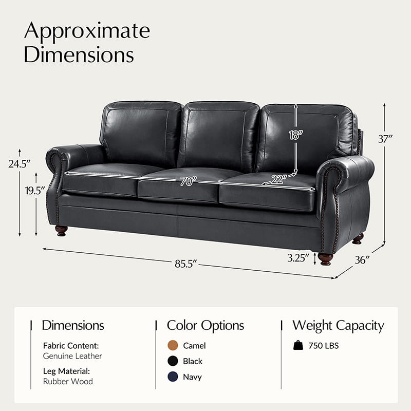 Premium Iliana Genuine Leather Sofa with Elegant Rolled Arms - Luxurious Living Room Furniture for Home & Office Decor