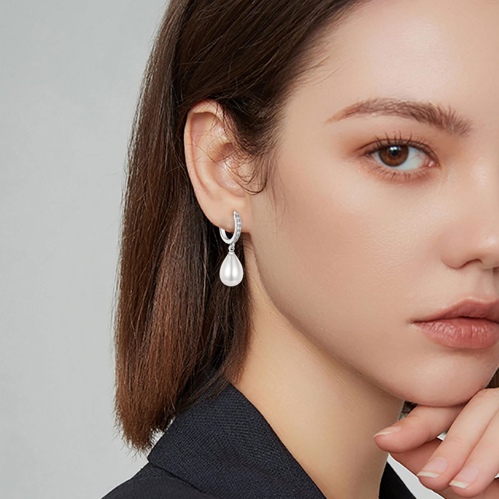 925 Sterling Silver Pearl Drop Hoop Earrings for Women | Hypoallergenic Teardrop Round Pearl Dangle Earrings with AAA+ Cubic Zirconias | Elegant Jewelry Gift for Birthday, Wedding & Special Occasions | Perfect for Office, Party & Date Night
