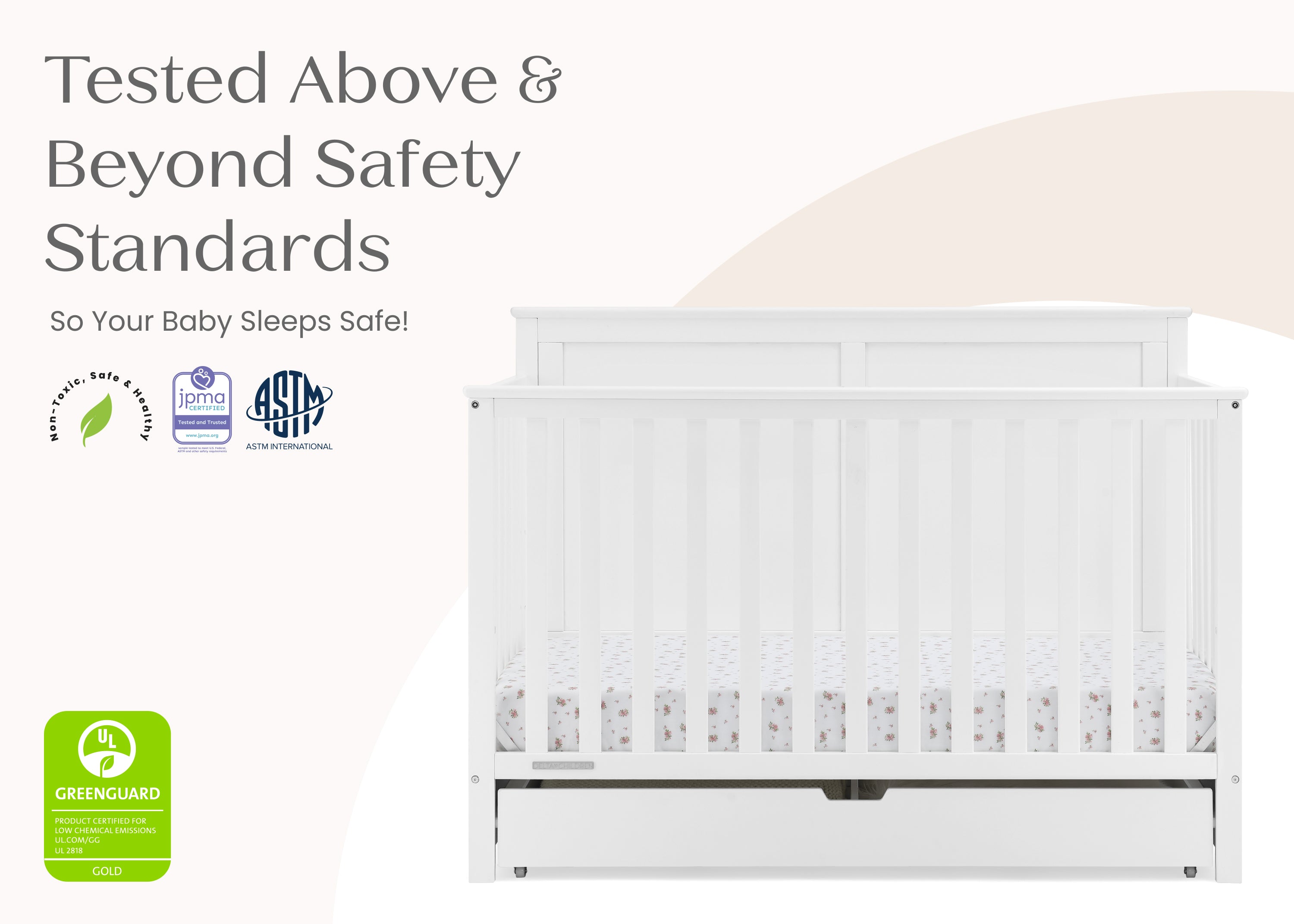 Logan 6-in-1 Convertible Baby Crib with Underdrawer Storage - White Nursery Furniture for Newborn to Toddler Bed | Perfect for Small Spaces & Modern Nurseries