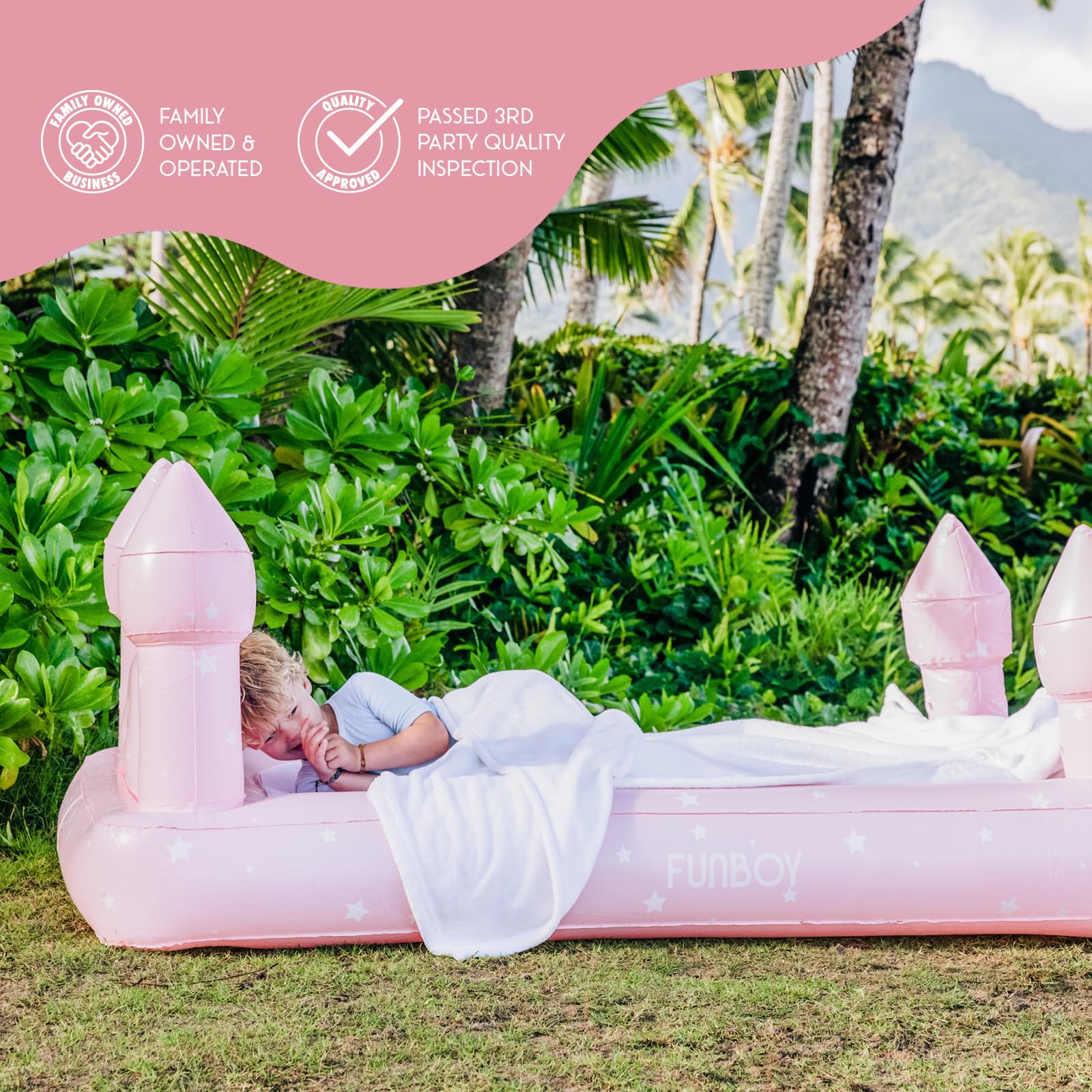 Funboy Kids Pink Castle Inflatable Travel Bed with Air Mattress - Portable Sleepover Bed for Girls, Includes Carry Bag - Perfect for Slumber Parties, Camping & Indoor Play (Twin Size)