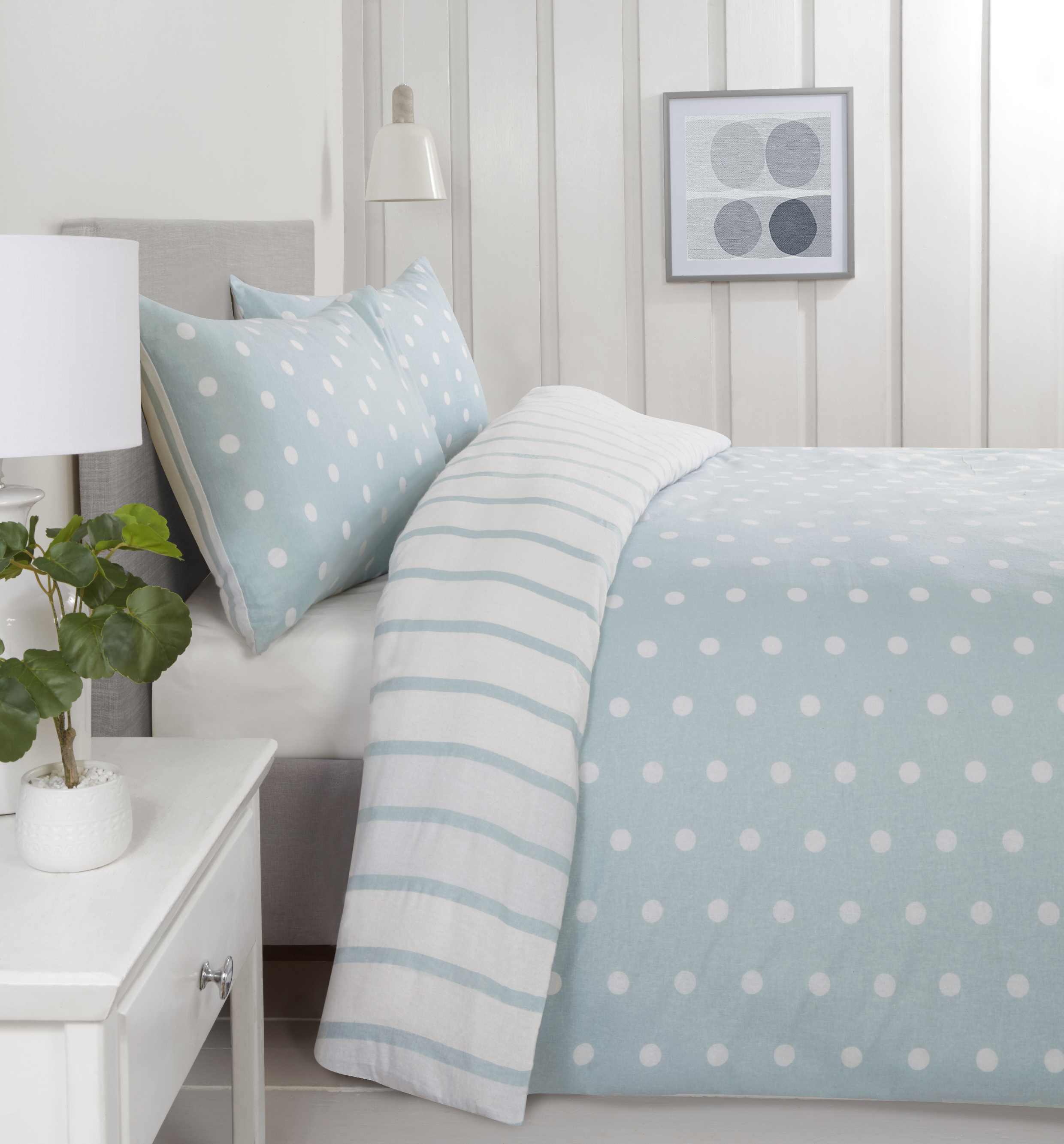Spots & Stripes Brushed Duvet Cover Set - Soft Duck Egg Blue Bedding - Queen Size 3-Piece Set for Cozy Bedroom Decor
