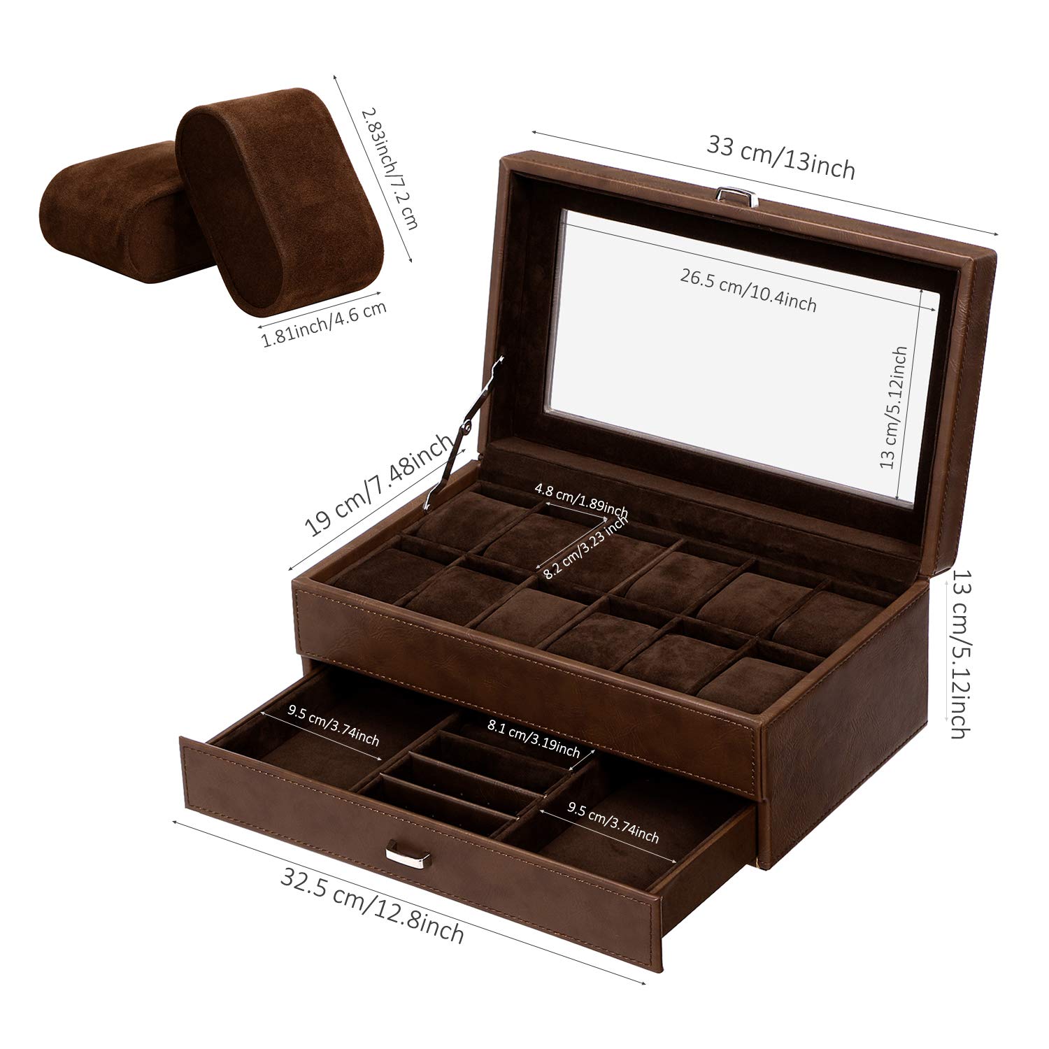 BEWISHOME Luxury Watch Box for Men - Faux Leather Watch Organizer with Jewelry Drawer, Real Glass Top & Metal Hinge - Brown SSH12Z | Perfect Watch Storage Case for Travel, Home Display & Gift Giving