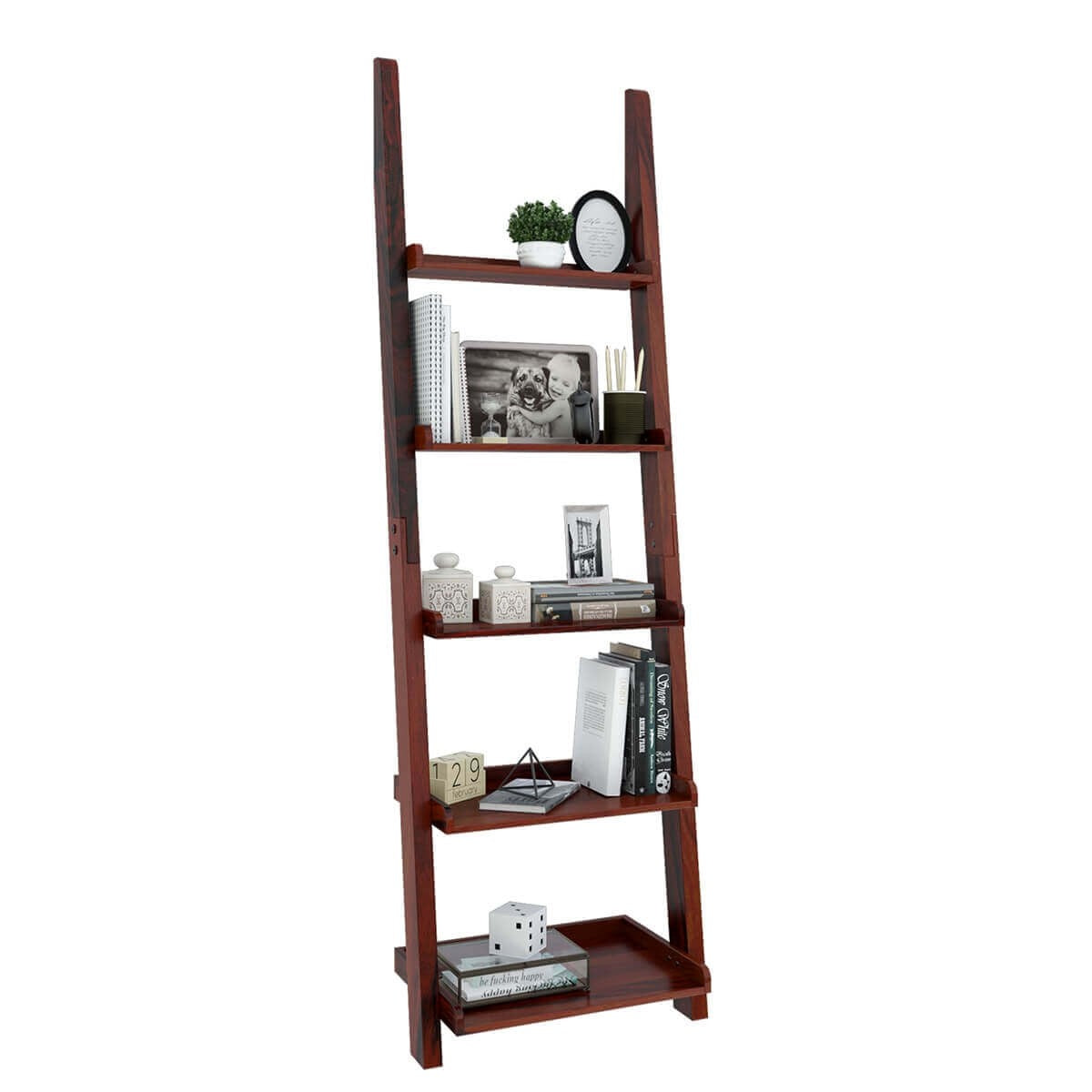 Stylish Solid Wood 5-Tier Leaning Ladder Bookcase - Open Shelf Display for Books, Plants & Home Decor | Perfect for Living Room, Bedroom & Office Organization