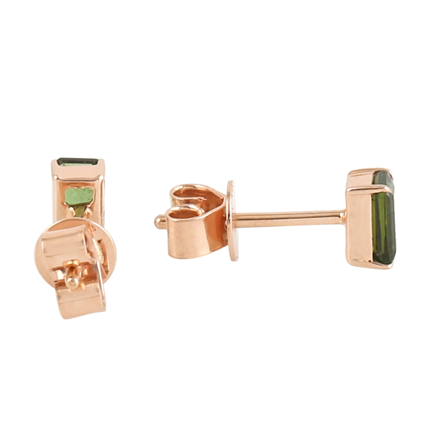 18K Rose Gold Baguette Cut Green Tourmaline Stud Earrings - Minimalist Jewelry Gift for Women, Perfect for Weddings, Parties & Everyday Wear