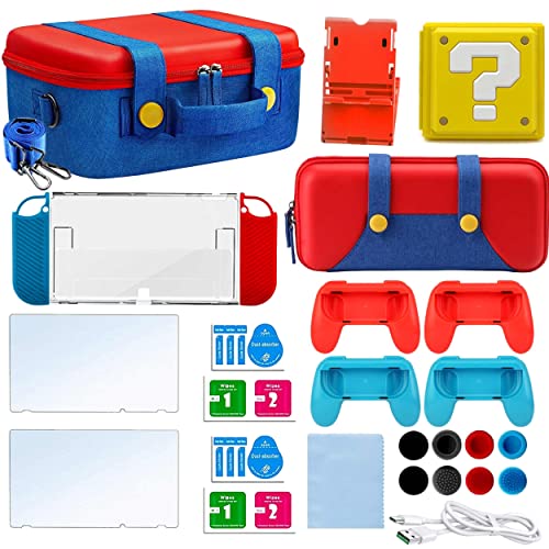 Premium Nintendo Switch OLED Accessories Kit - Protective Case, Screen Protectors, Stand, Game Card Holder & Thumb Grip Caps | Travel-Ready Carrying Case with Adjustable Strap for Gaming On-The-Go