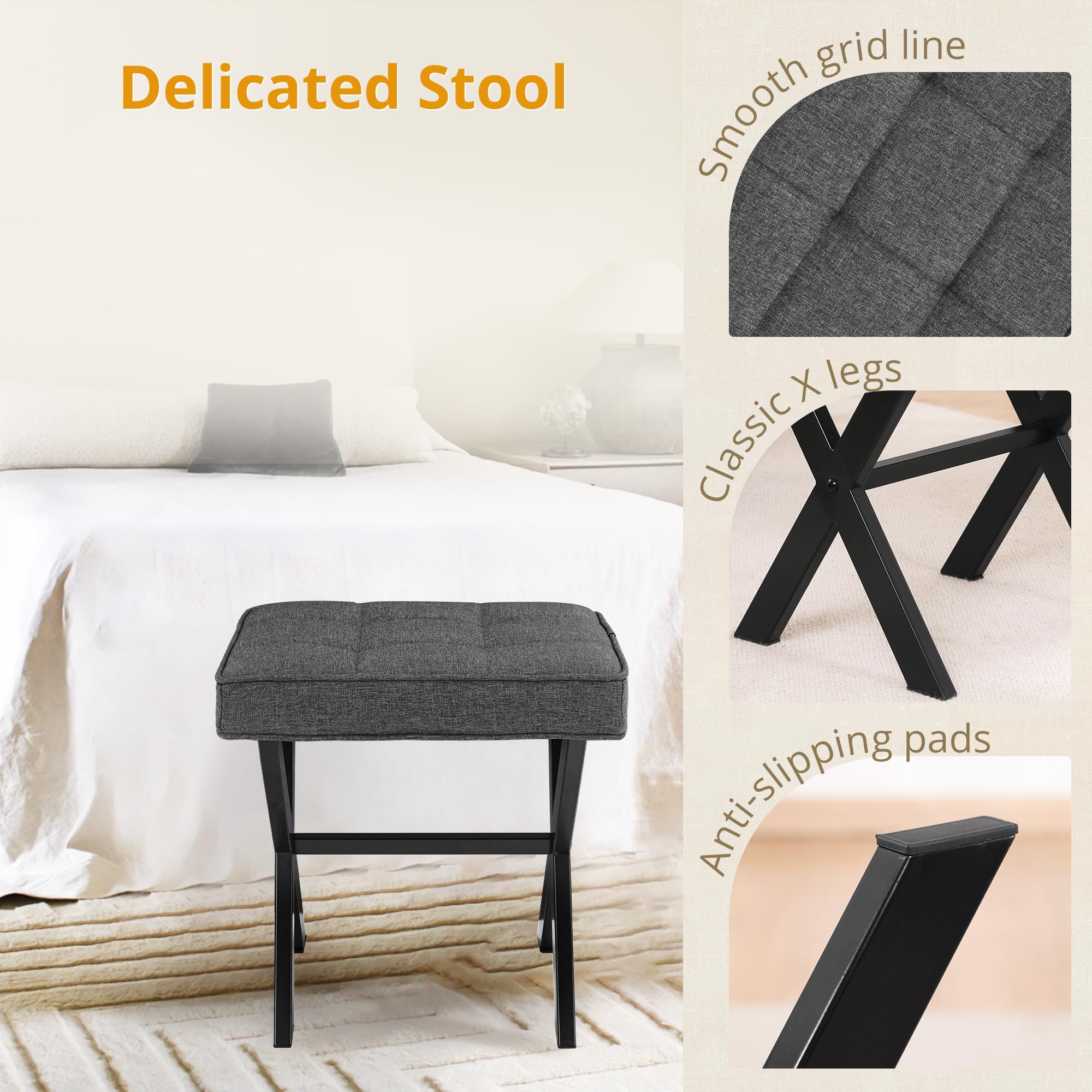 LUE BONA Vanity Stool with X-Legs - Modern Makeup Seat for Bedroom & Bathroom