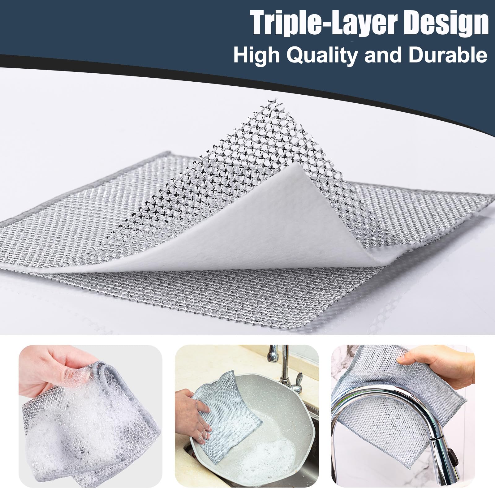 12-Pack Navona Premium Steel Wire Dishcloths - Triple-Layer Non-Scratch Cleaning Pads for Pots, Pans, Cookware & Stove Tops | Heavy-Duty Scouring Pads for Kitchen, Sink & Dish Cleaning | Rustproof & Durable for Daily Use