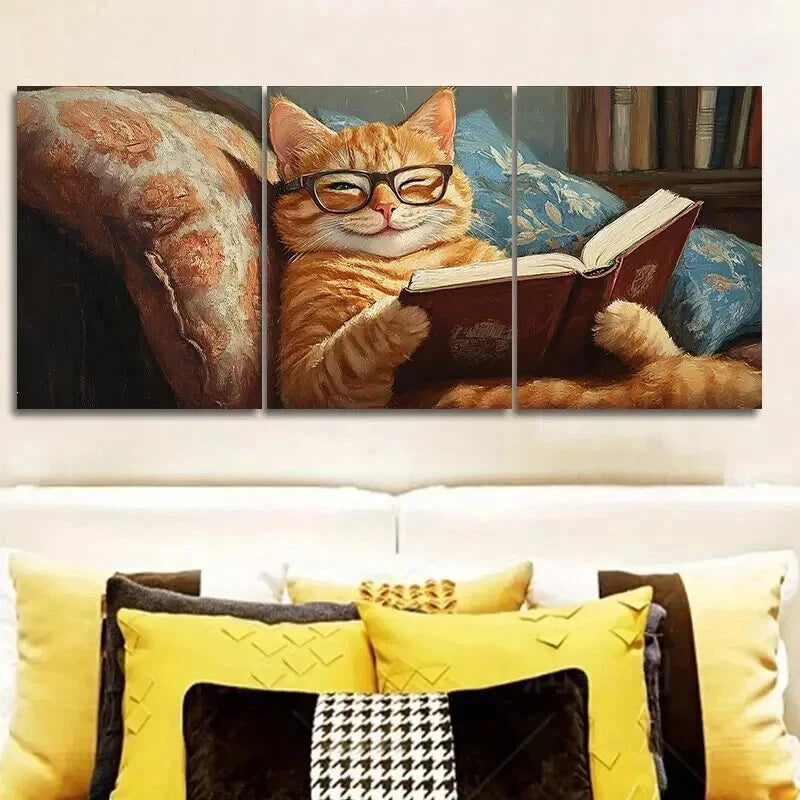 3-Piece 'A Cat Reading on the Couch' Framed Wall Art Set - 50x70cm High Quality Canvas Print | 100% Australian Made | Ready to Hang | Perfect for Living Room, Bedroom & Office Decor