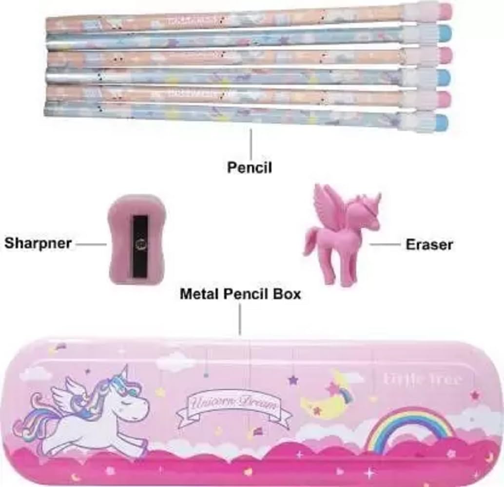 SPARROWISH Unicorn Stationery Gift Set - 6 Pencils, Metal Pencil Case, Sharpener & Eraser - Cute Pink School Supplies for Girls - Perfect for Back to School, Birthday Gifts & Classroom Essentials