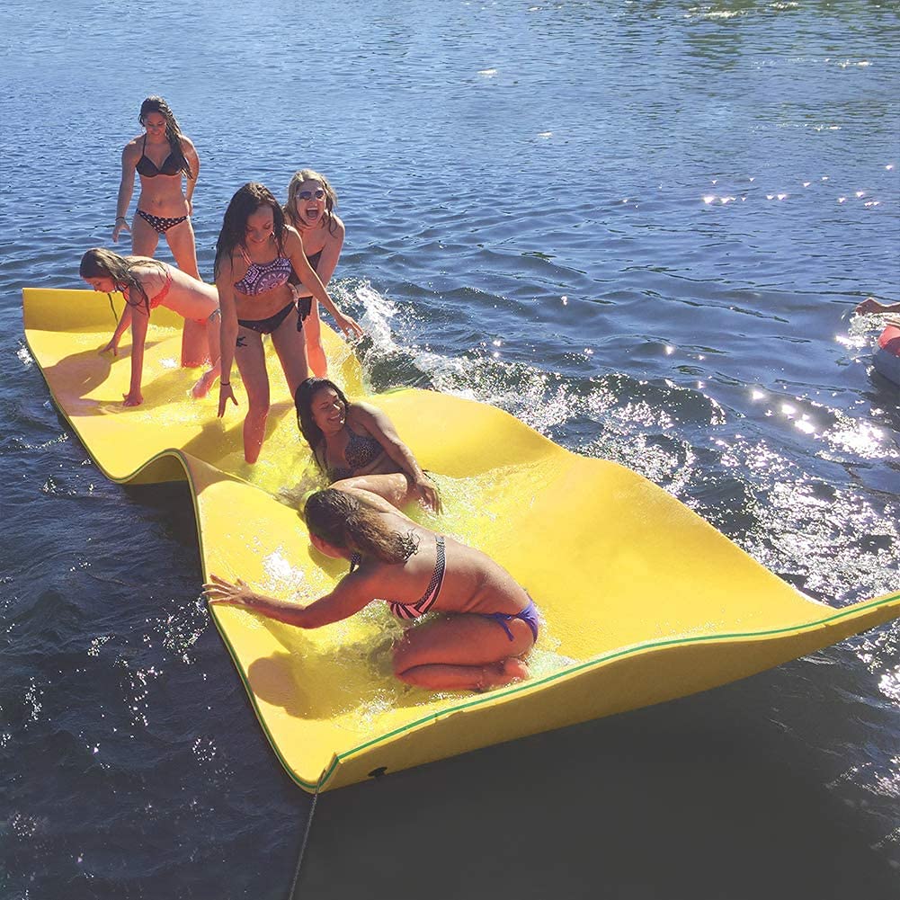 Max4out Water Floating Mat 9/12/18x6 ft - Premium Foam Lake Float Pad for Swimming, Relaxing & Water Recreation - Family & Pet Friendly Pool Float - Perfect for Lakes, Pools, Beach Parties & Summer Fun (Blue/Yellow)