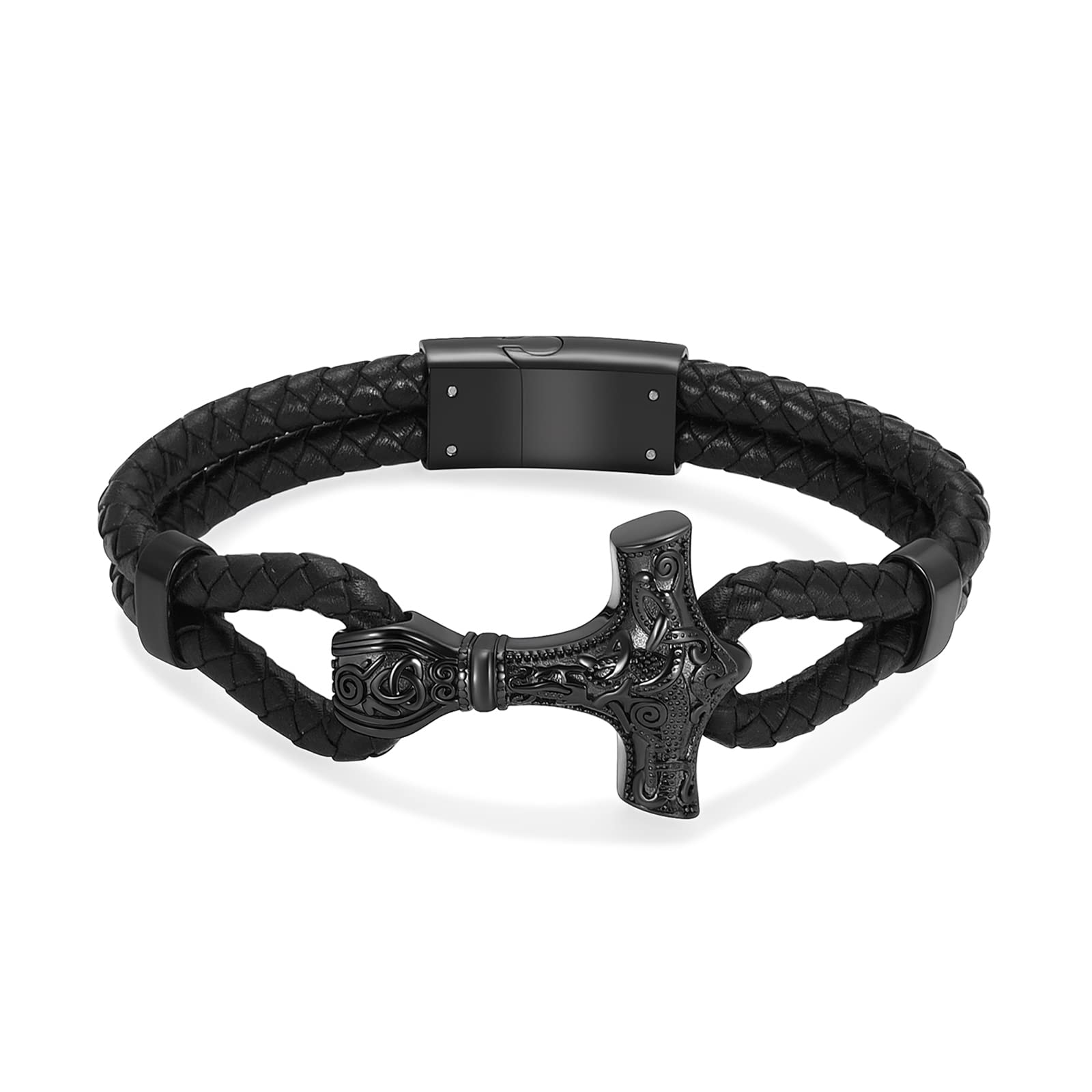 **ConstantLife Braided Leather Cremation Bracelet for Ashes - Memorial Cuff Bangle with Viking Thor Hammer & Masonic Compass - Urn Jewelry Keepsake Gift for Men - Perfect for Remembrance & Everyday Wear**