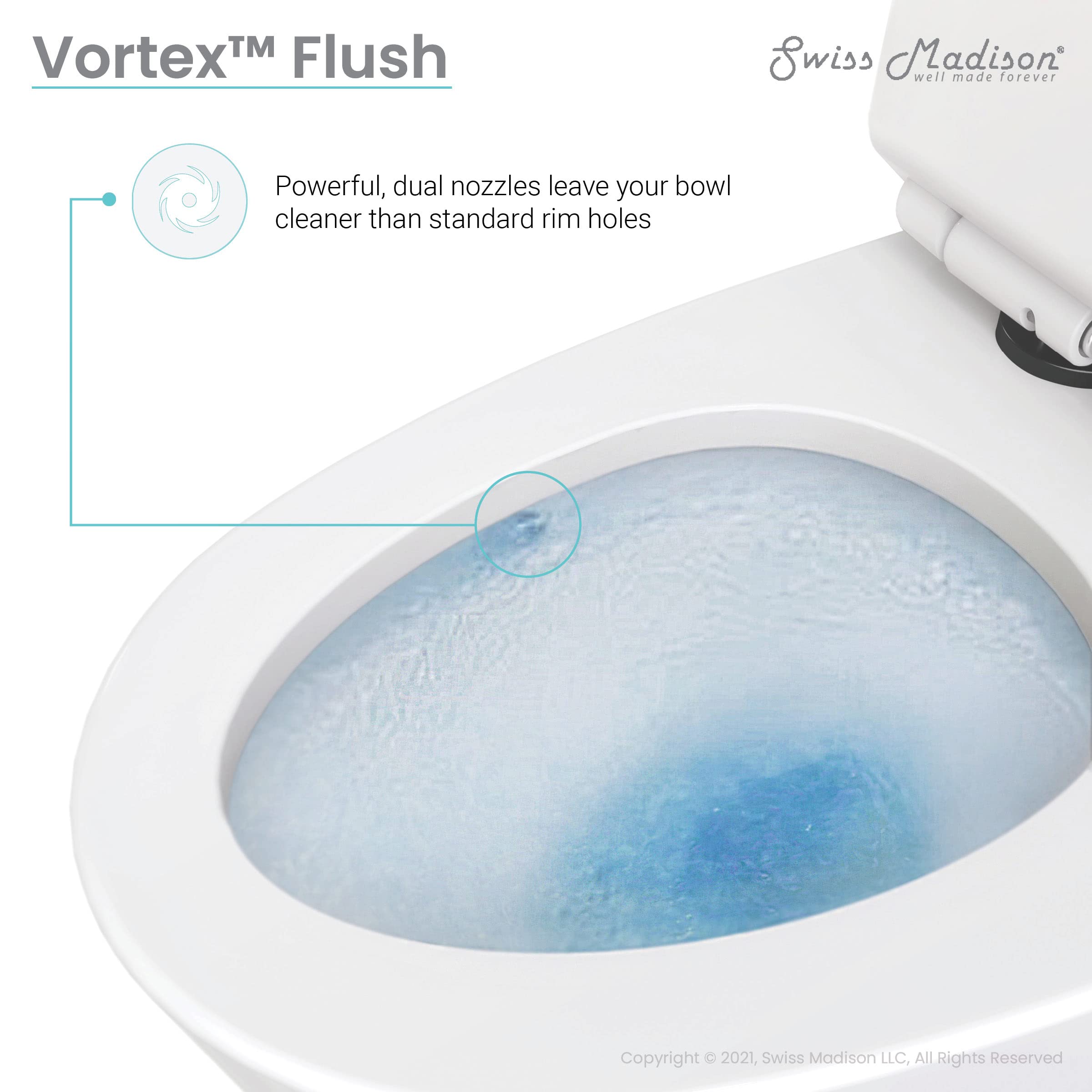 Swiss Madison St. Tropez SM-1T254HB Elongated One-Piece Toilet with Vortex Dual-Flush 1.1/1.6 GPF, Comfort Height Chair Seat, ADA Compliant, Glossy White Finish & Black Hardware - Perfect for Modern Bathrooms & Water-Efficient Homes