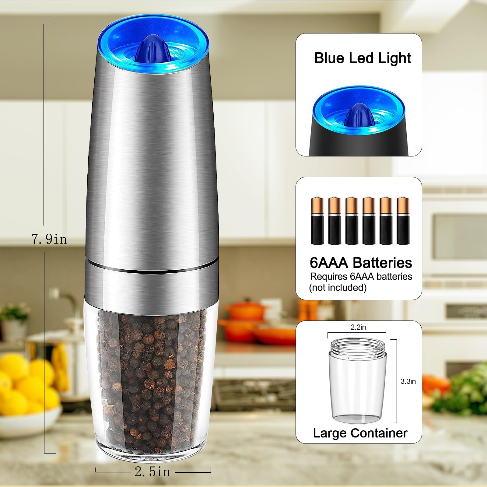 Electric Salt and Pepper Grinder Set - Battery Powered Automatic Mill with Adjustable Coarseness & LED Light, One-Hand Operation, Stainless Steel - Perfect for Kitchen, Dining Table, and Outdoor Cooking