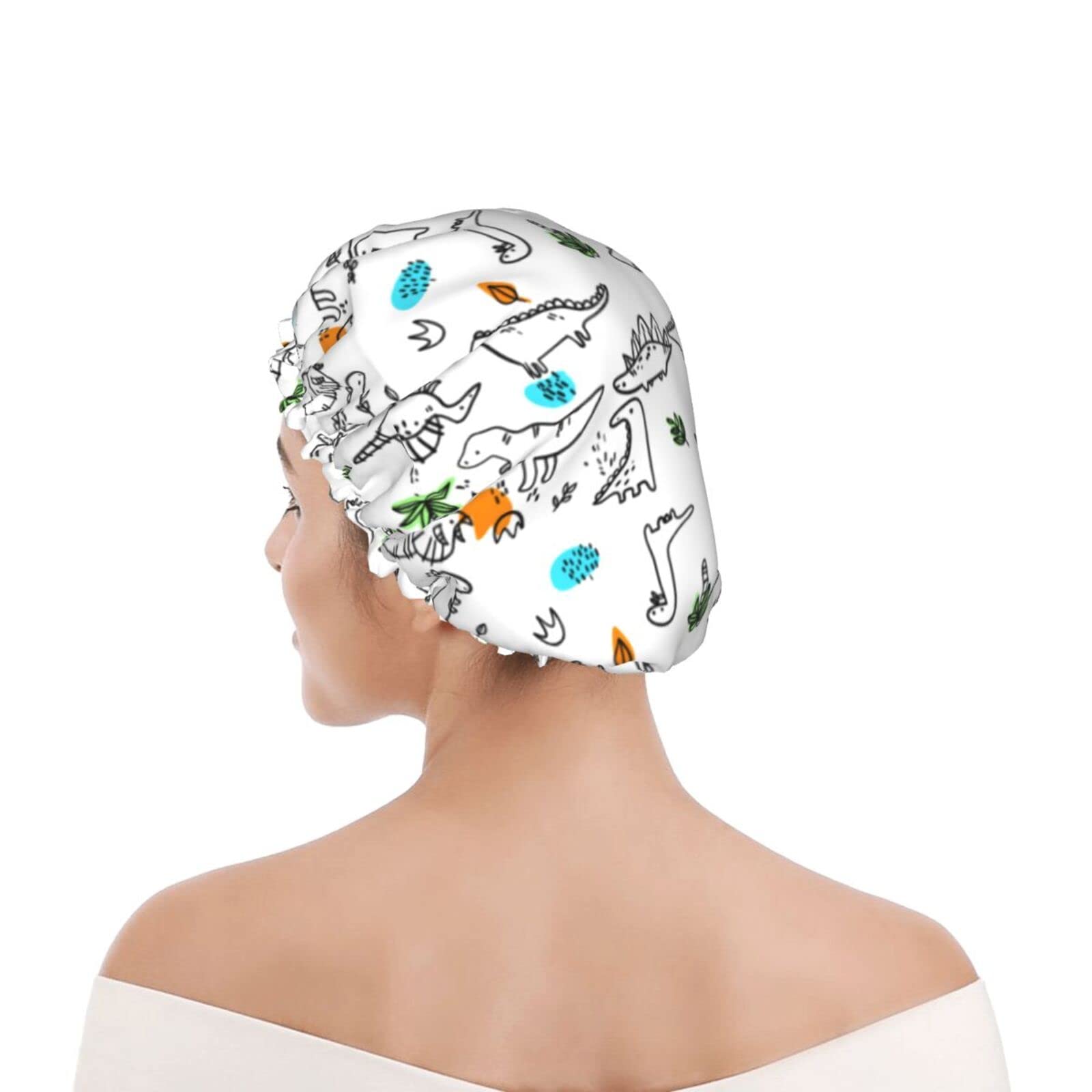 Dinosaur Print Reusable Waterproof Shower Cap for Women - Double Layer Bath Hair Protector for Swimming, Spa & Salon Use