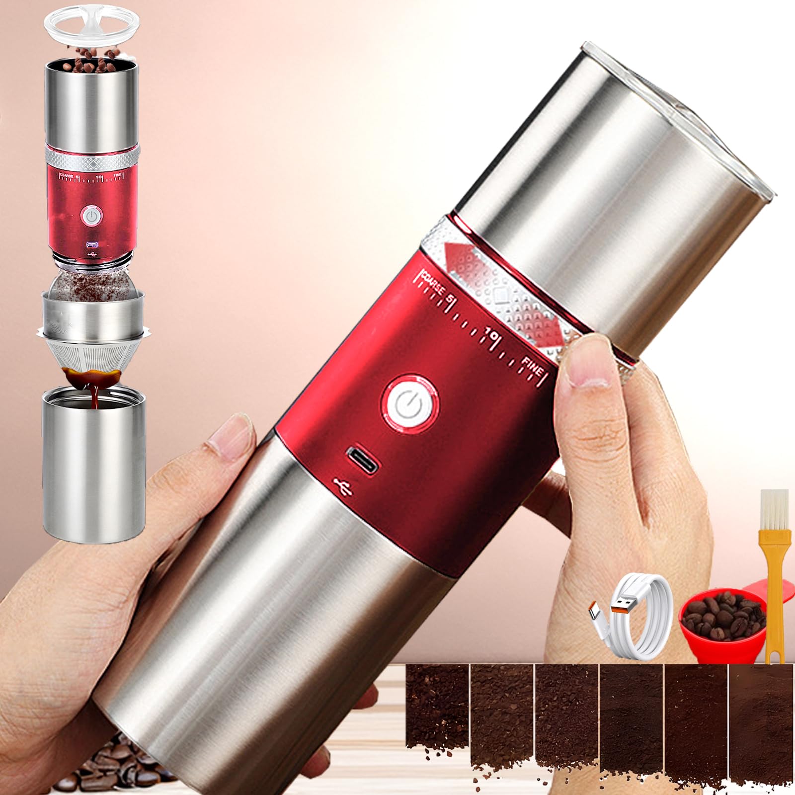 Premium Portable Electric Conical Burr Coffee Grinder - USB Rechargeable Stainless Steel Spice & Bean Grinder with 15 Adjustable Settings (Red) - Perfect for Home, Office & Travel Coffee Brewing