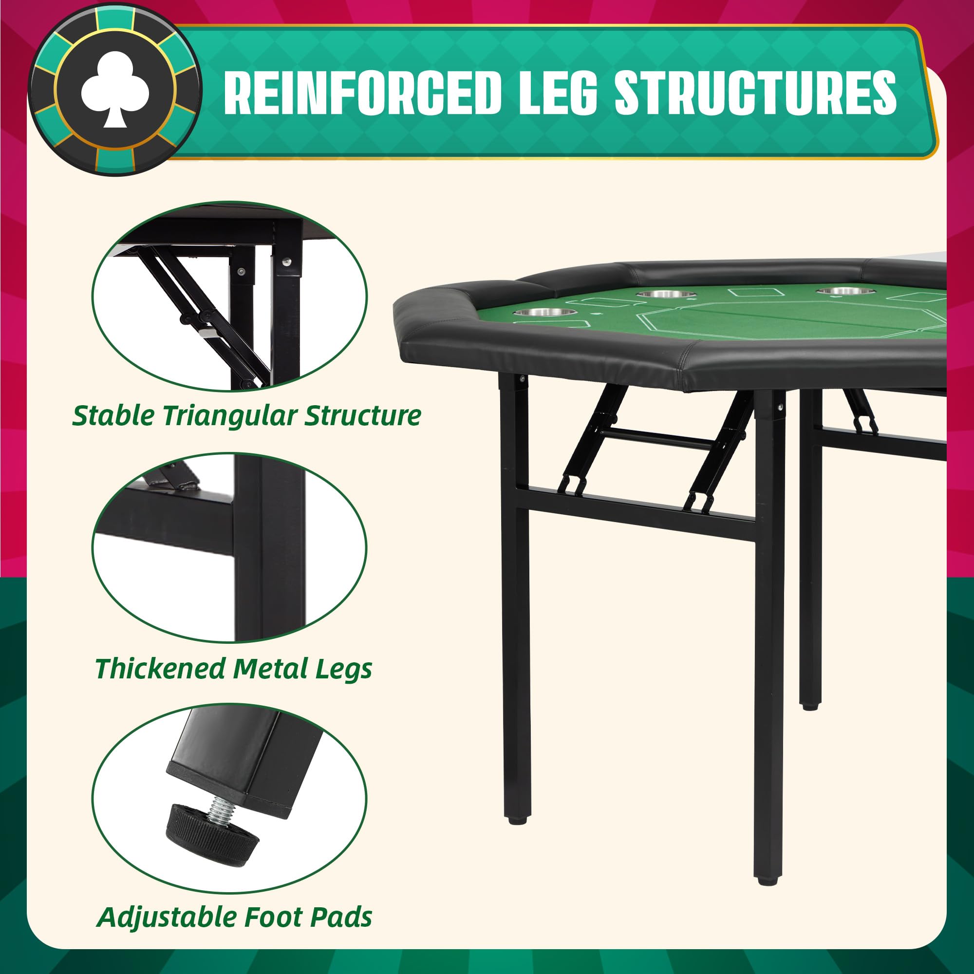 ECOTOUGE 8-Player Foldable Poker Table with Padded Rails & Stainless Steel Cup Holders - Octagon Texas Holdem Blackjack Casino Game Table for Home, Parties & Game Nights - Easy Assembly & Portable Design