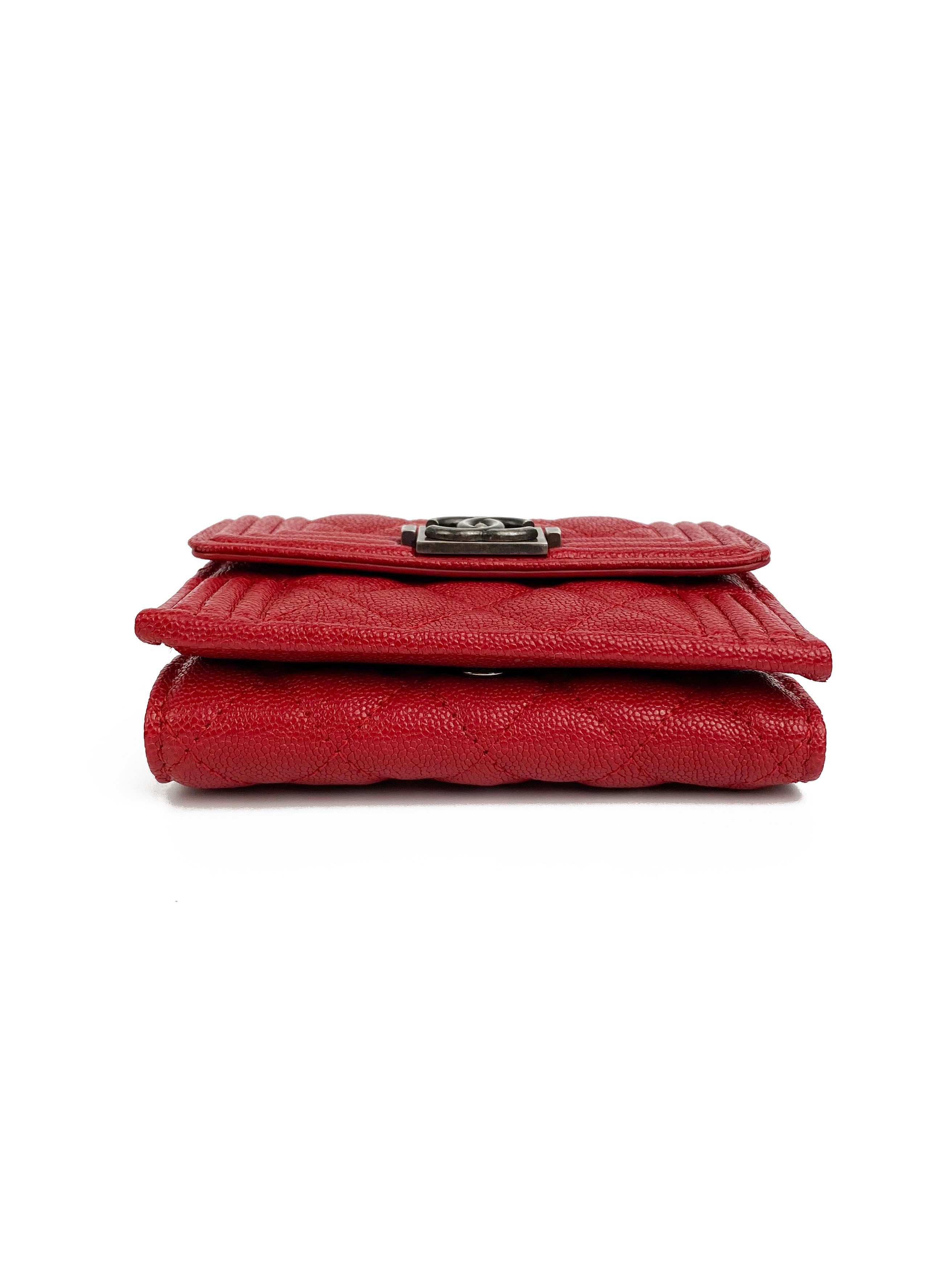 Chanel Red Boy Compact Wallet - Luxury Leather Wallet for Women, Small Crossbody Bag with Chain Strap, Perfect for Parties & Night Out