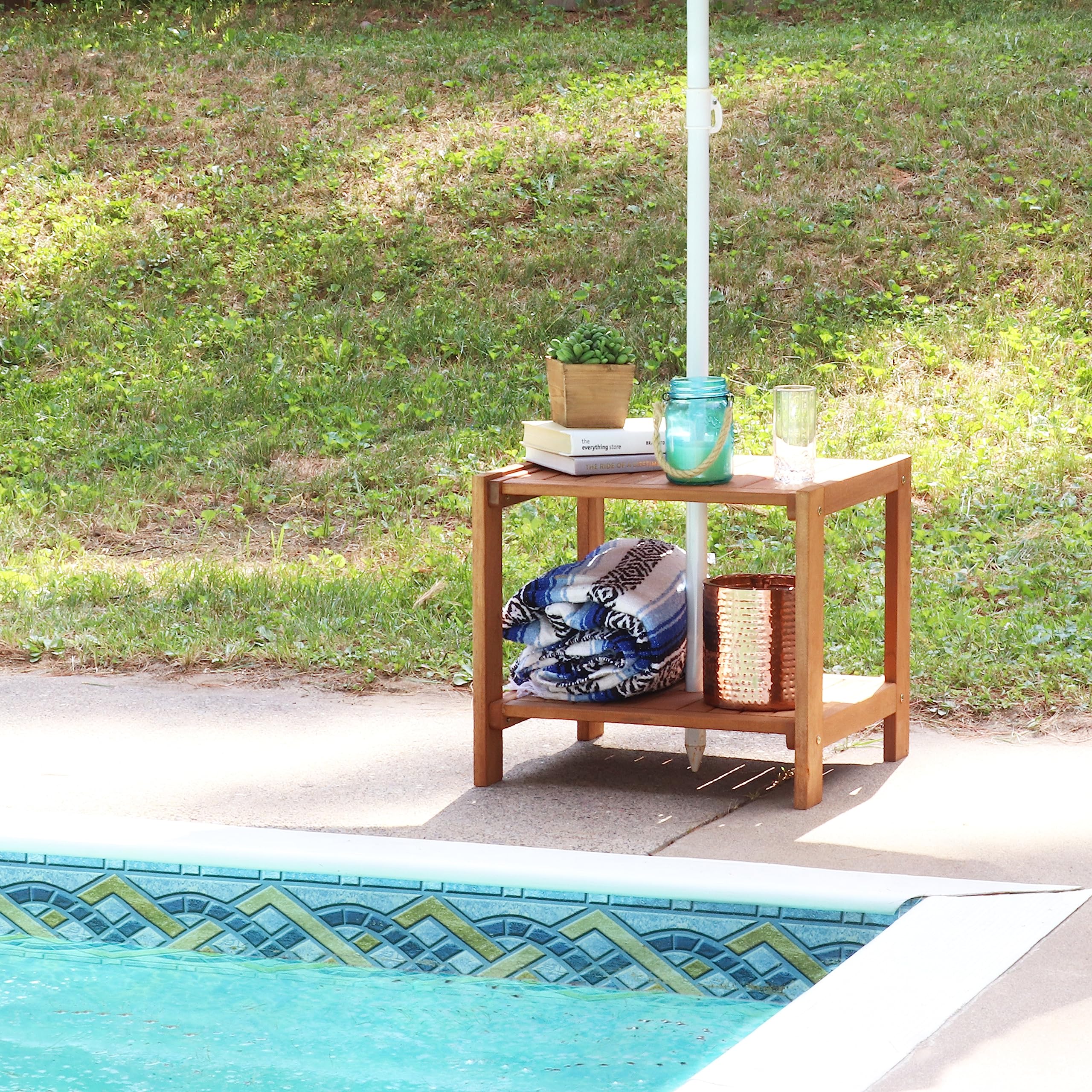 Sunnydaze Meranti Wood Outdoor Patio Side Table - 20 Inch Teak Oil Finish - Weather Resistant - Perfect for Poolside, Garden, Deck, and Patio Furniture