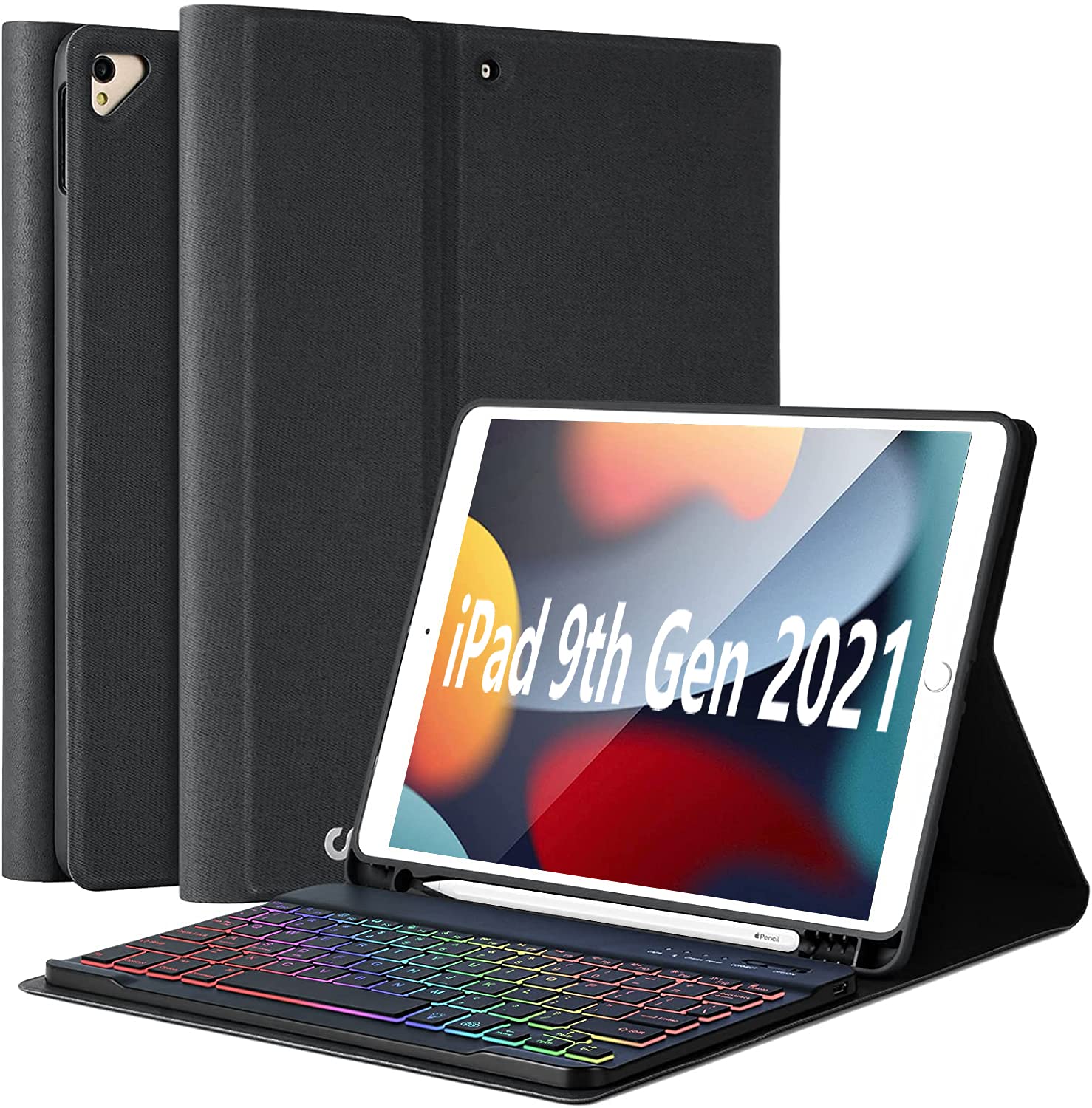 Wireless Bluetooth Keyboard Case for iPad 9th/8th/7th Generation (2021/2020/2019) 10.2 inch - Detachable Backlit Keyboard with 7 Color Options & Apple Pencil Holder - Perfect for Work, Study & Travel