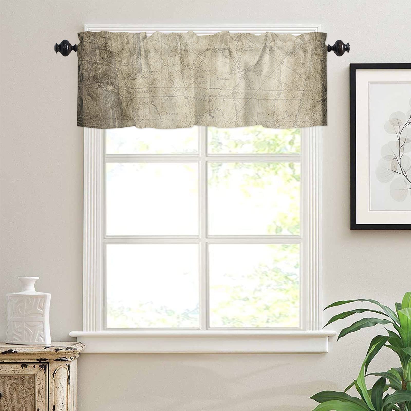 Vintage Map Rod Pocket Window Valance - 54x18 Inch Retro Curtain Panel for Living Room, Bedroom, Bathroom & Kitchen - Perfect for Small Windows & Drapes Treatment - Adds Classic Charm to Home Decor