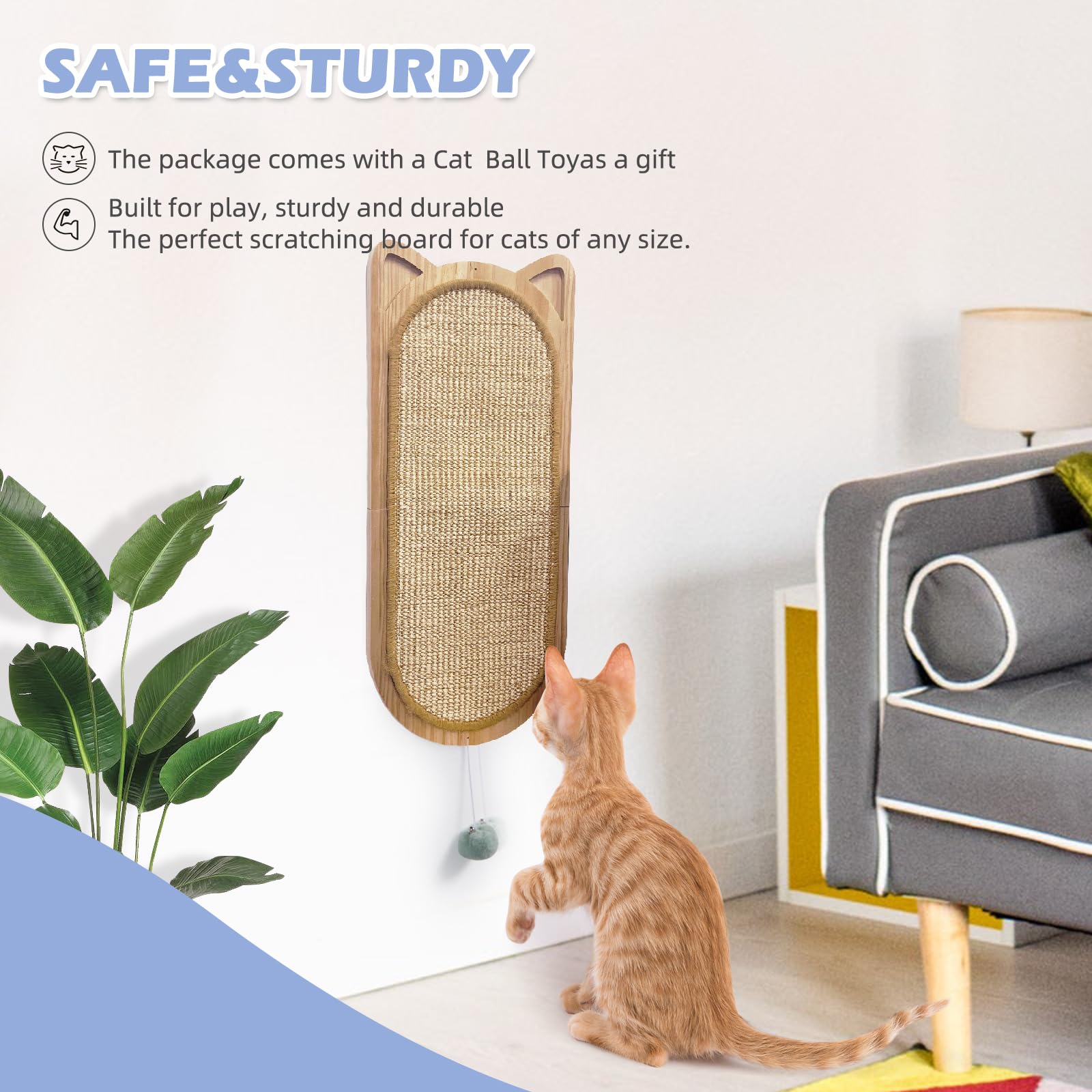 Folding Sisal Cat Wall Scratcher with Toy Ball - Space Saving Cat Furniture for Small Apartments
