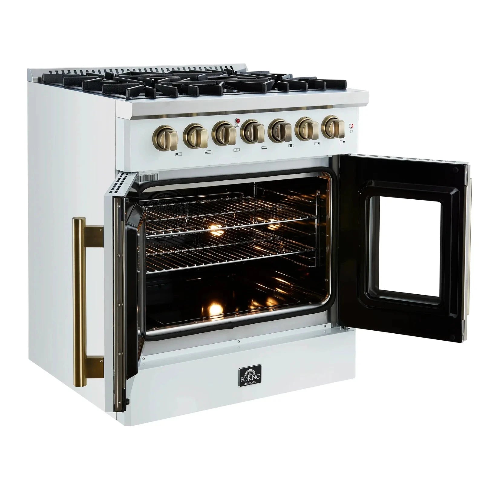 Forno Galiano 30-Inch French Door Dual Fuel Range - 5 Gas Burners & Electric Convection Oven in White with Antique Brass Trim (Model FFSGS6356 30WHT) - Perfect for Gourmet Cooking, Baking, and Entertaining in Modern Kitchens