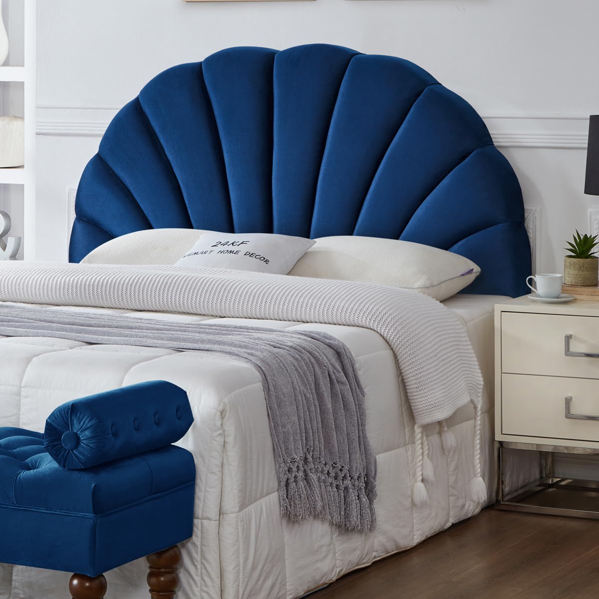 24K Gold Stunning Crown Design Queen Headboard - Upholstered Soft Velvet Petal Pattern Headboard for Queen/Full Size Bed in Navy Blue | Perfect for Master Bedroom Decor & Luxury Bedroom Makeover