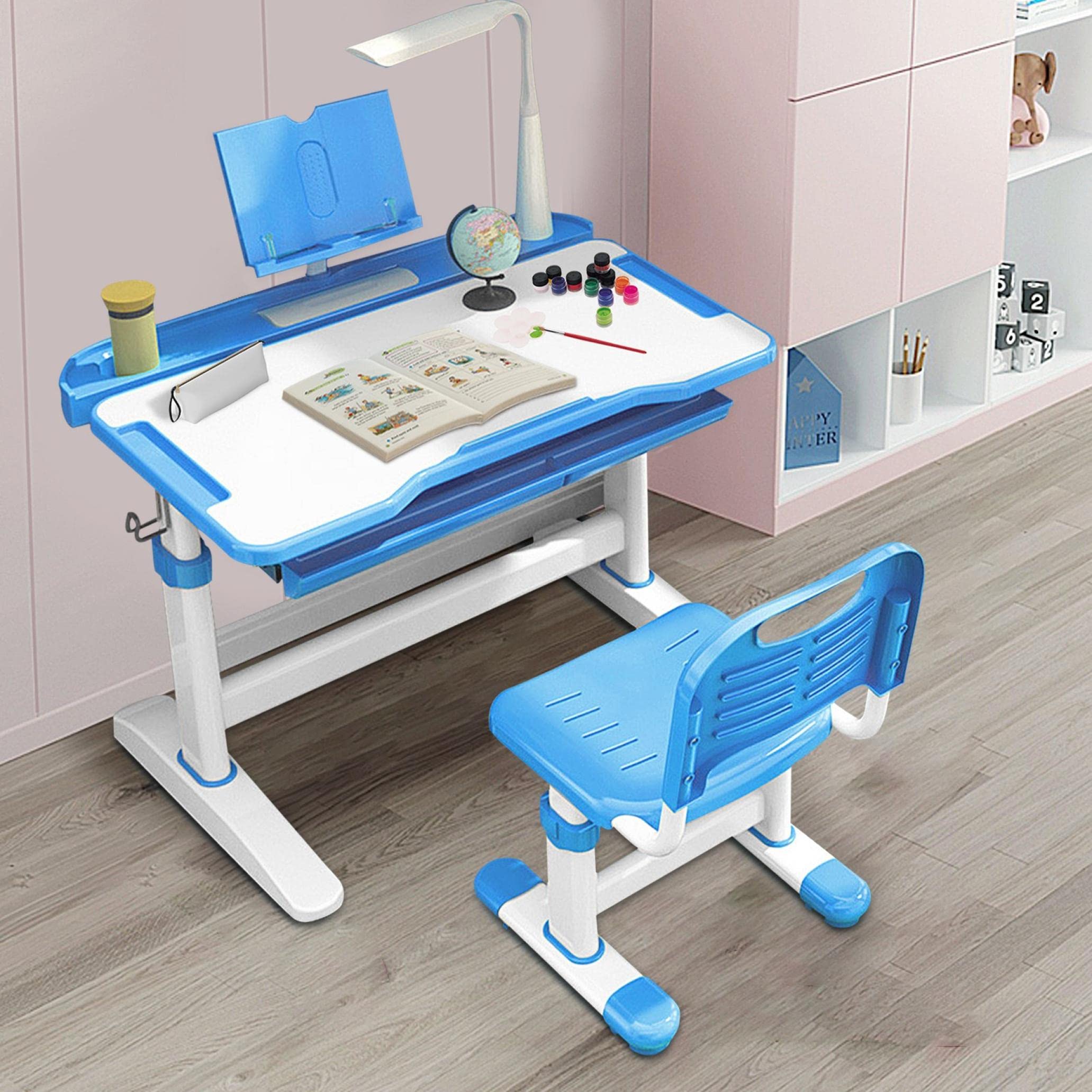 Ergonomic Kids Study Desk and Chair Set - Adjustable Height Student Desk with LED Lamp, Reading Shelf & Large Drawer - Blue Children's Writing Table for Home Schooling & Online Learning