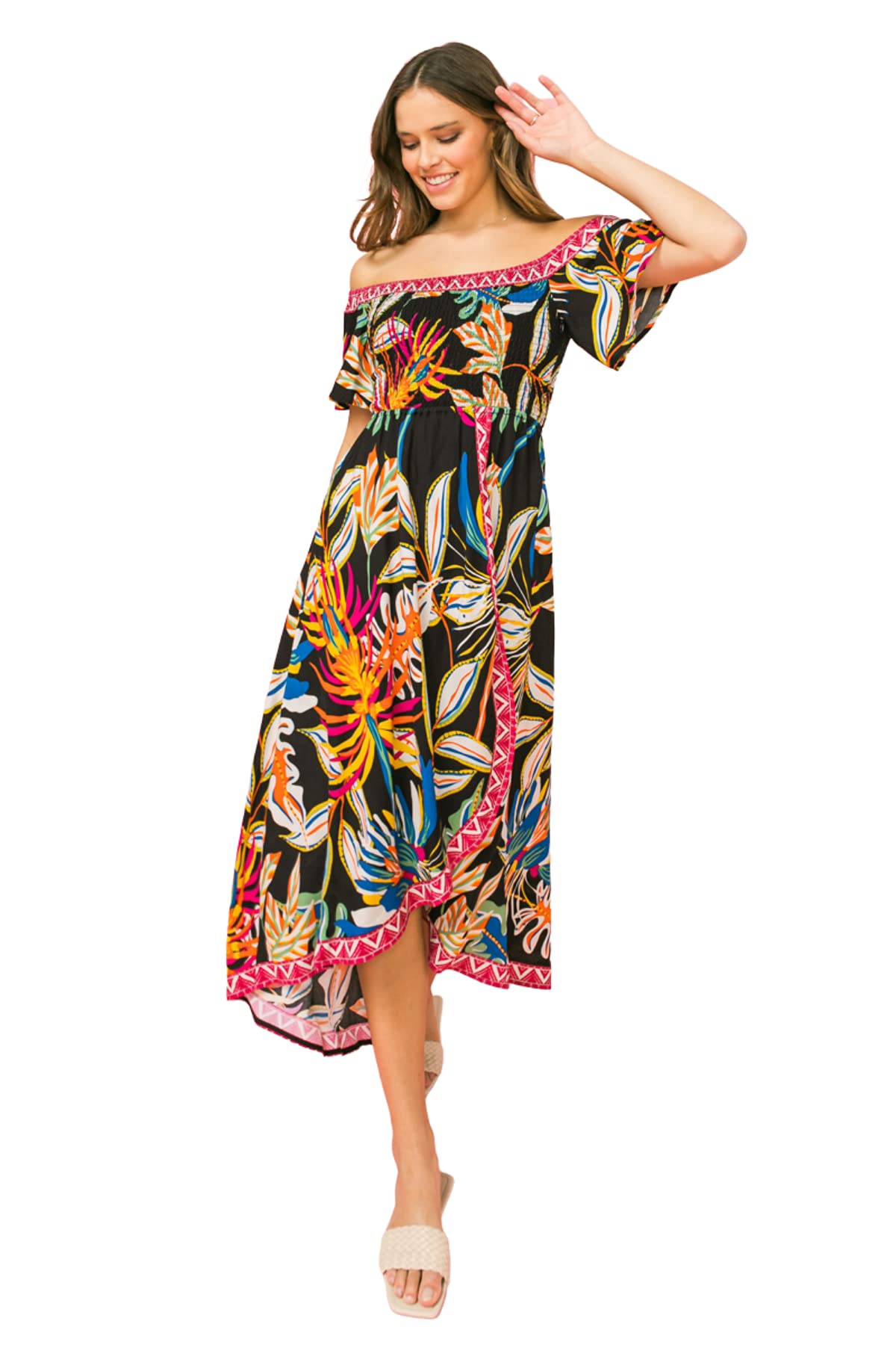 Bohemian Off Shoulder Maxi Dress - Hi Low Hem Tropical Floral Smocked Summer Dress for Beach Vacation, Music Festival & Boho Chic Outfits