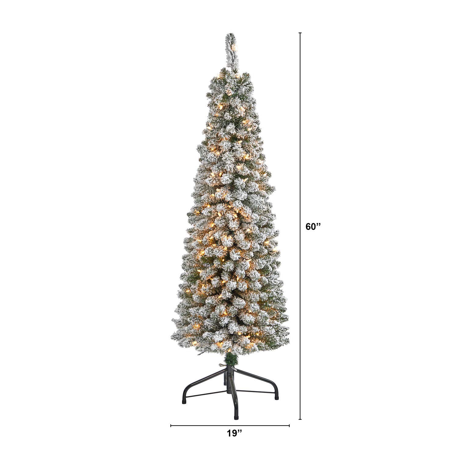 Nearly Natural 5ft Flocked Pencil Artificial Christmas Tree with 200 Clear Lights & 318 Bendable Branches | Slim Holiday Decor for Small Spaces, Apartments & Office Christmas Decorations