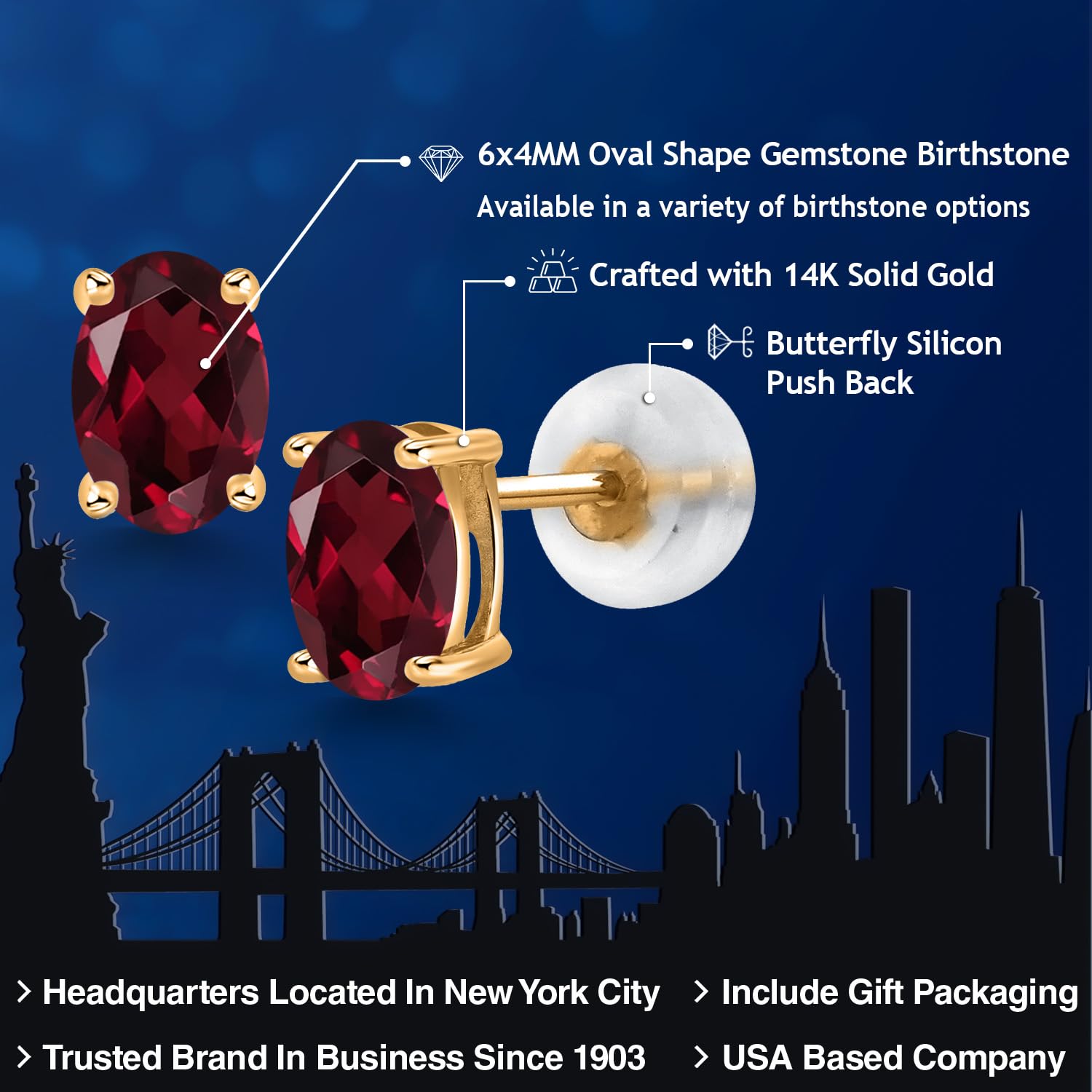 14K Gold Oval Gemstone Birthstone Stud Earrings for Women & Men | 6x4mm Oval Cut | Fine Jewelry Gift for Mom, Wife, Her | Perfect for Birthdays, Anniversaries & Special Occasions