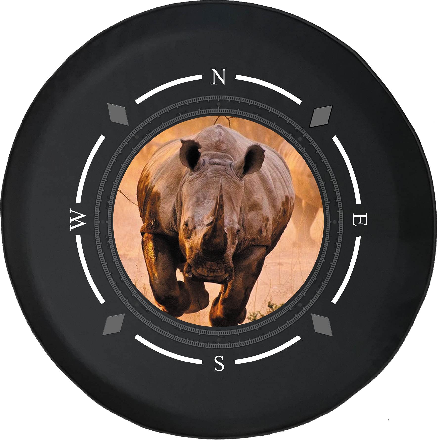 Premium Spare Tire Cover with Compass & Charging Port - Universal Fit for SUV, Trailer, RV & Most Vehicles - Durable African Grey Rhino Design for Outdoor Adventures & Road Trips