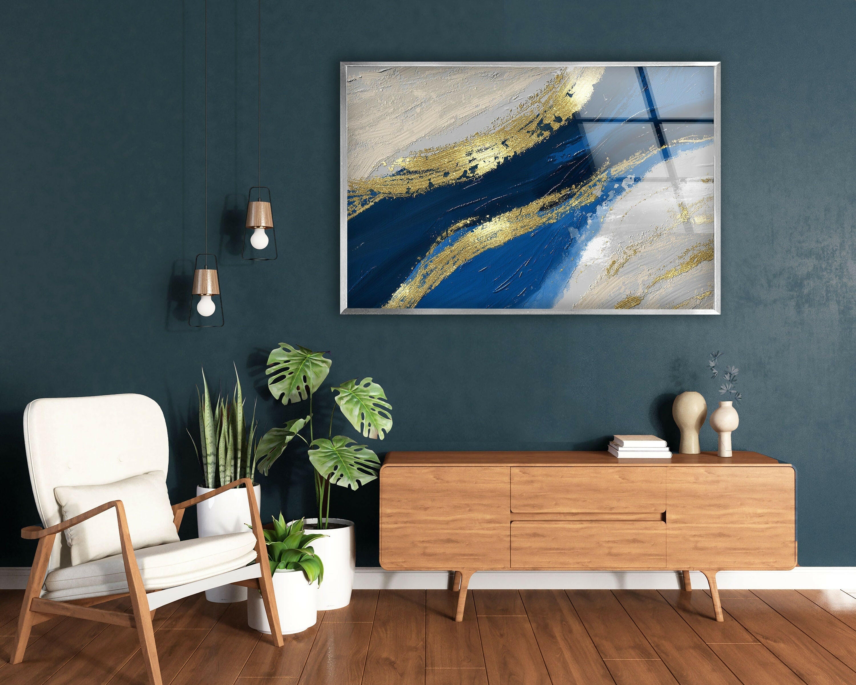 Blue and Gold Modern Art Glass Wall Decor - Elegant Handmade Glass Artwork for Living Room, Bedroom & Office Decor