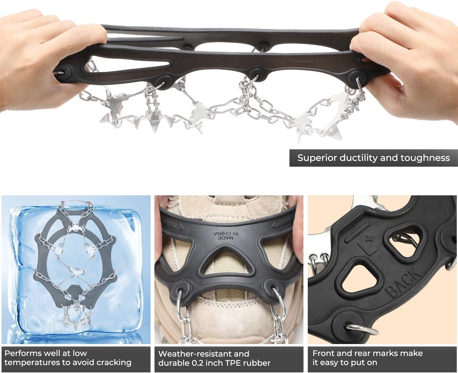 Sportneer Crampons - 19 Stainless Steel Spikes Ice & Snow Traction Cleats for Boots & Shoes - Non-Slip Grips for Hiking, Jogging, Climbing, Fishing - Perfect for Winter Outdoor Adventures on Icy Trails & Snowy Terrains