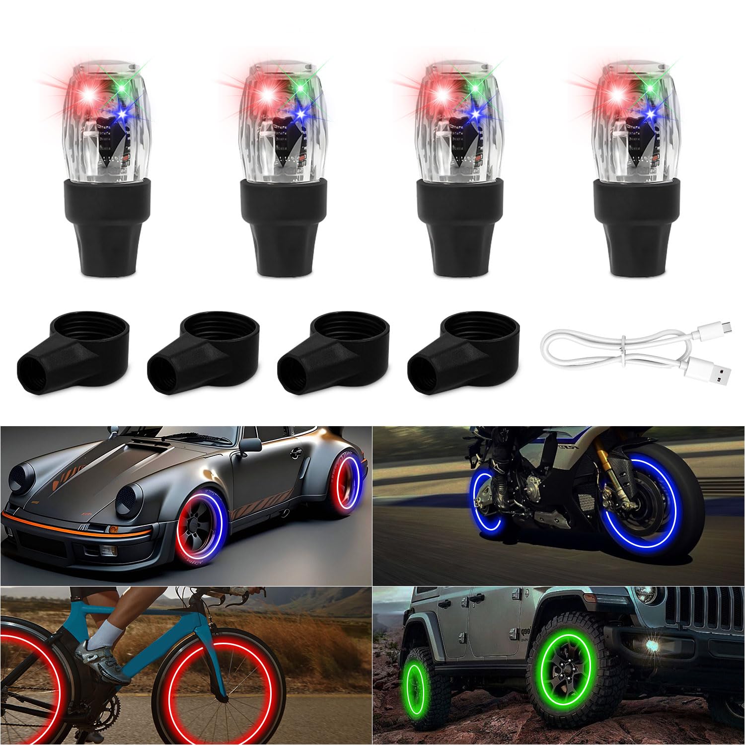 Glow in The Dark LED Tire Valve Caps - Waterproof Rechargeable for Car Bike Motorcycle - Night Safety Accessories
