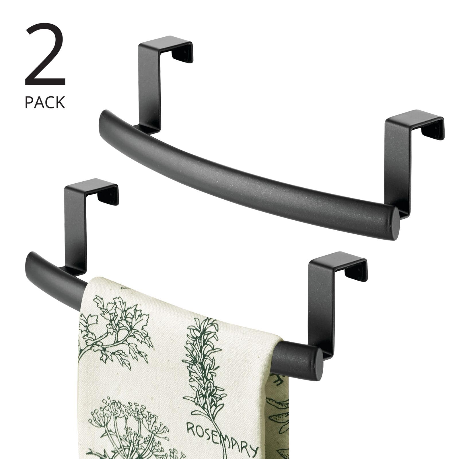 mDesign Steel Over Door Curved Towel Bar Storage - 2 Pack Black Spira Collection - Space-Saving Hanger for Cabinet, Cupboard, Kitchen & Bathroom - Holds Hand Towels, Dish Towels & Washcloths - Perfect for Small Spaces, Apartments & Dorm Rooms