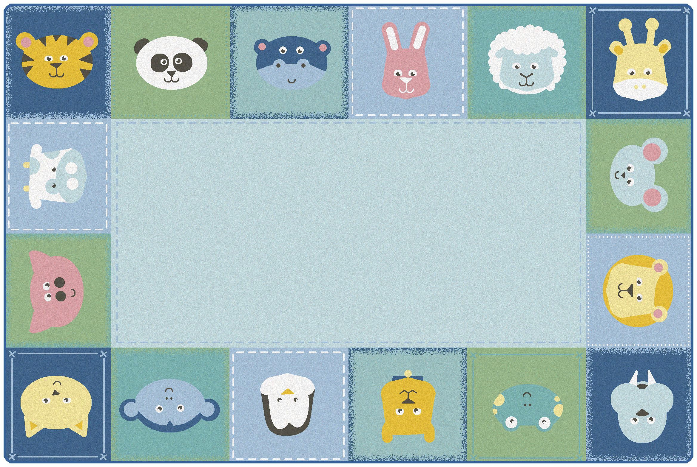Soft Blue Baby Animals Border Play Rug for Kids - 6ft x 9ft Rectangle Non-Slip Nursery Carpet | Perfect for Playrooms, Bedrooms & Daycare Centers