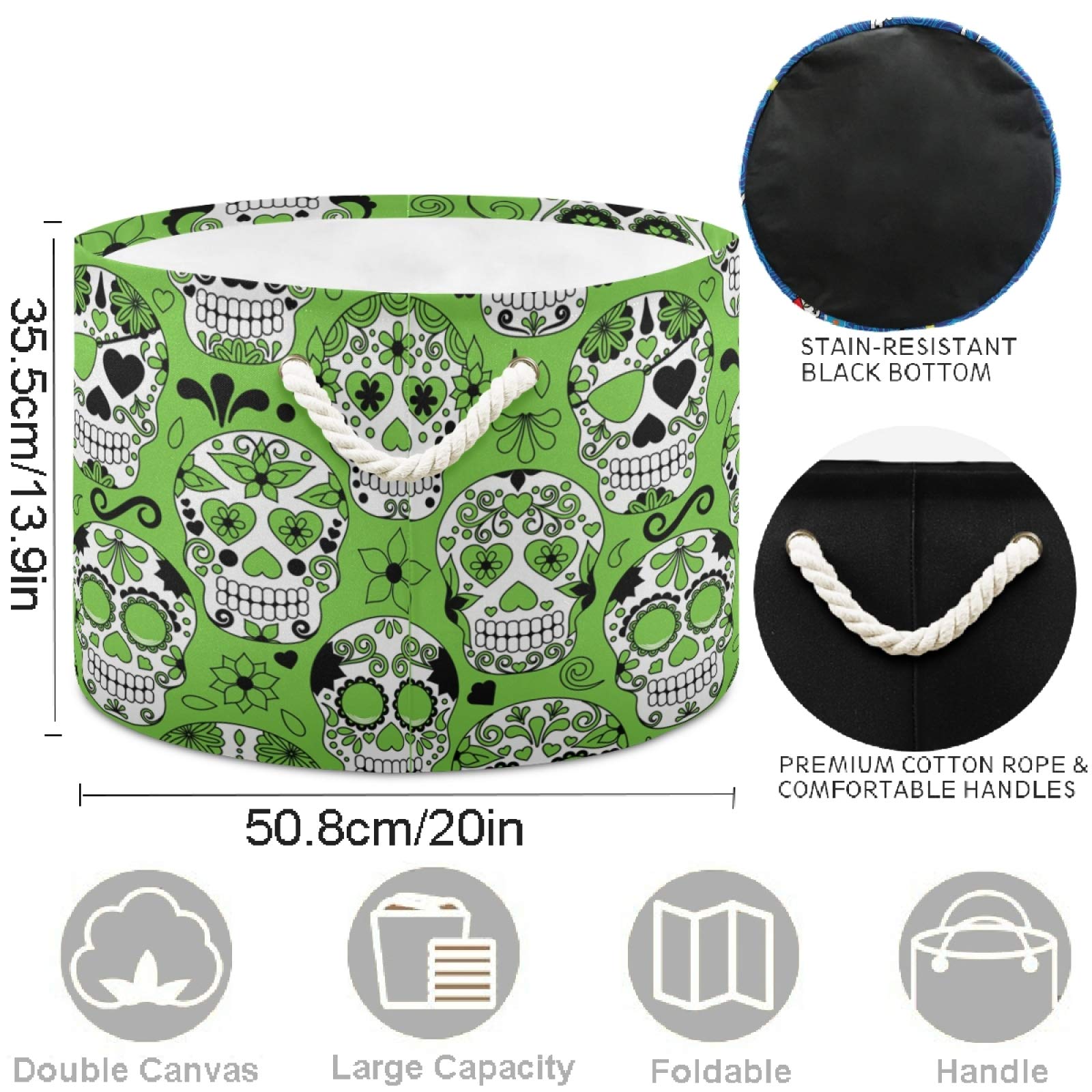 Visesunny Green Sugar Skull Canvas Storage Basket - Nursery Hamper, Toy Organizer Bin, Laundry Basket for Kids Room, Playroom, Shelves - Perfect for Organizing Toys, Clothes & Gifts
