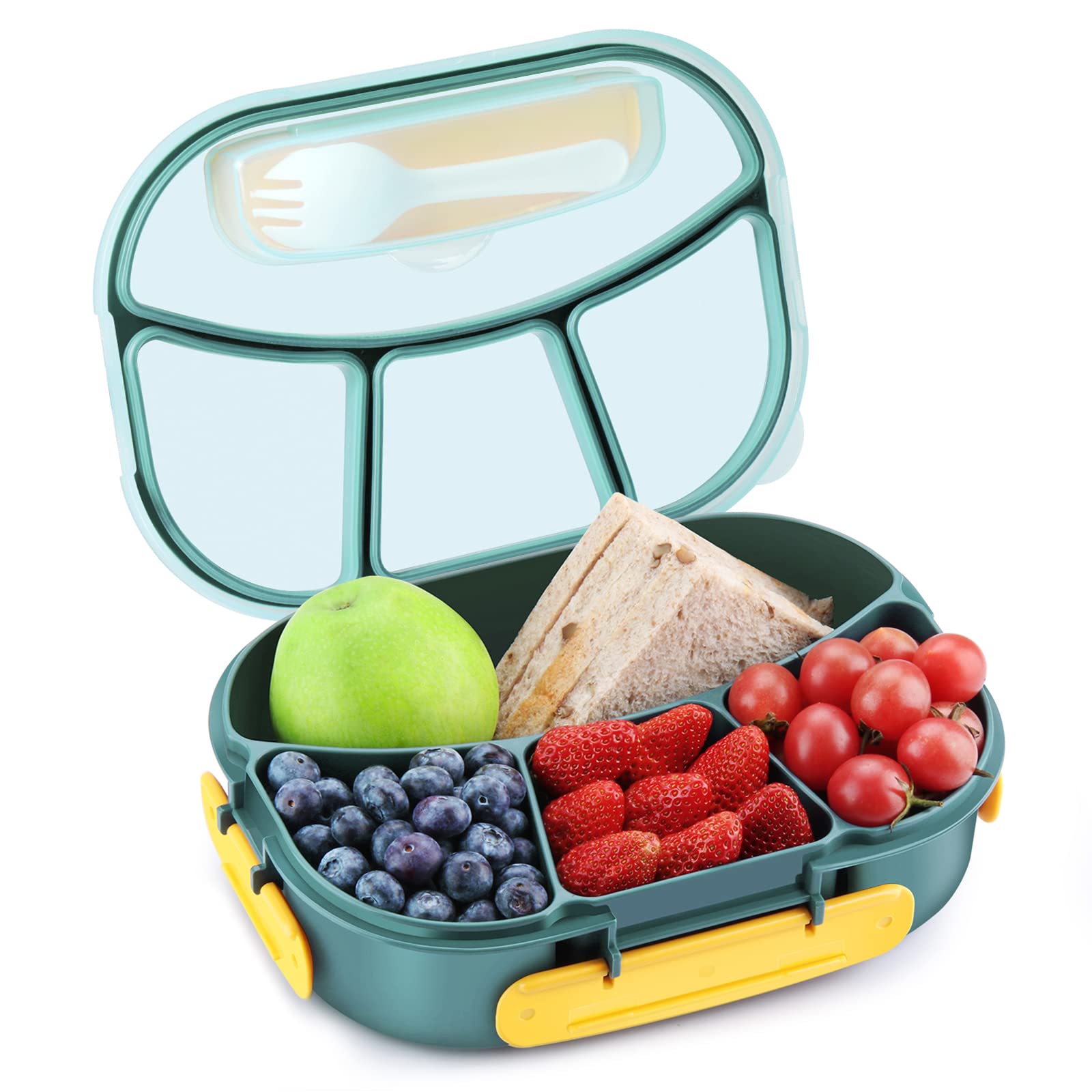 Eco-Friendly 4-Compartment Bento Lunch Box for Kids & Adults - 1800ML Leak-Proof School Lunch Container with Built-in Reusable Fork - BPA-Free, Microwave & Dishwasher Safe (Green) - Perfect for School, Office, Picnics & Meal Prep