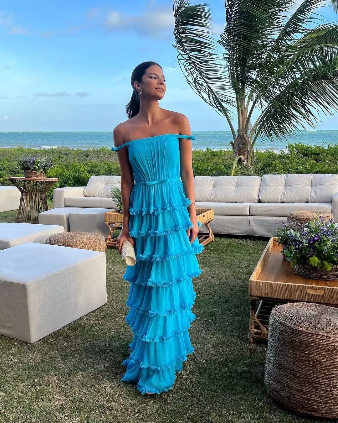 Elegant Off-The-Shoulder Blue A-Line Layered Long Prom Dress J2774 | Formal Evening Gown for Homecoming, Quinceañera & Special Occasions