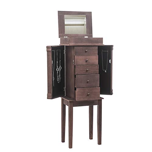 Brown Jewelry Armoire Cabinet with Mirror - 5 Drawers & 8 Necklace Hooks, Standing Jewelry Storage Chest with Top Organizer & Swing Doors | Perfect for Bedroom, Closet & Dressing Room Organization