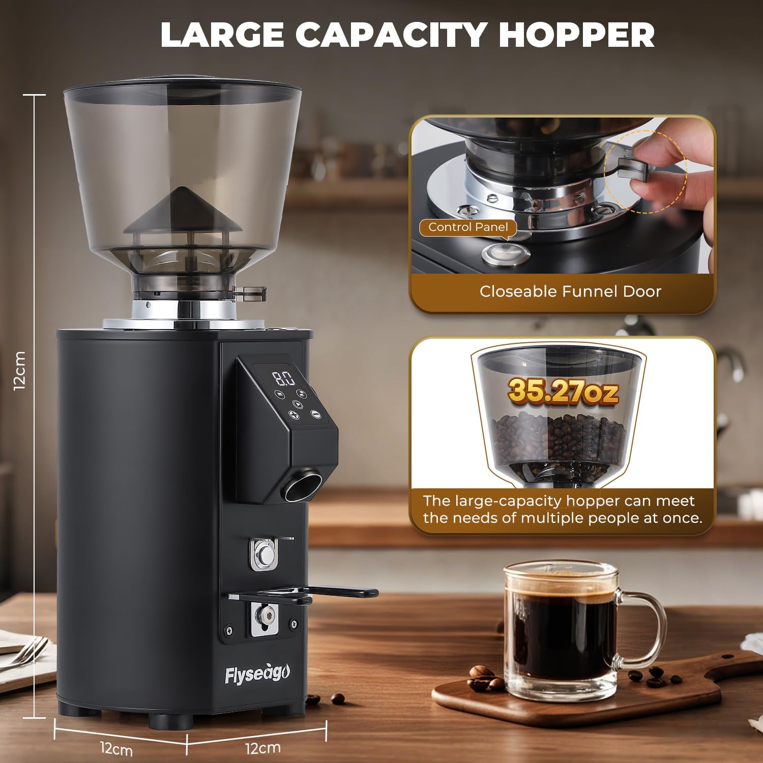 400W Commercial Electric Flat Burr Coffee Grinder - 8 Precise Settings for Espresso, Drip & French Press - Large 35.27oz Hopper & Grounds Tray - Perfect for Cafes, Restaurants & Home Baristas (Black)