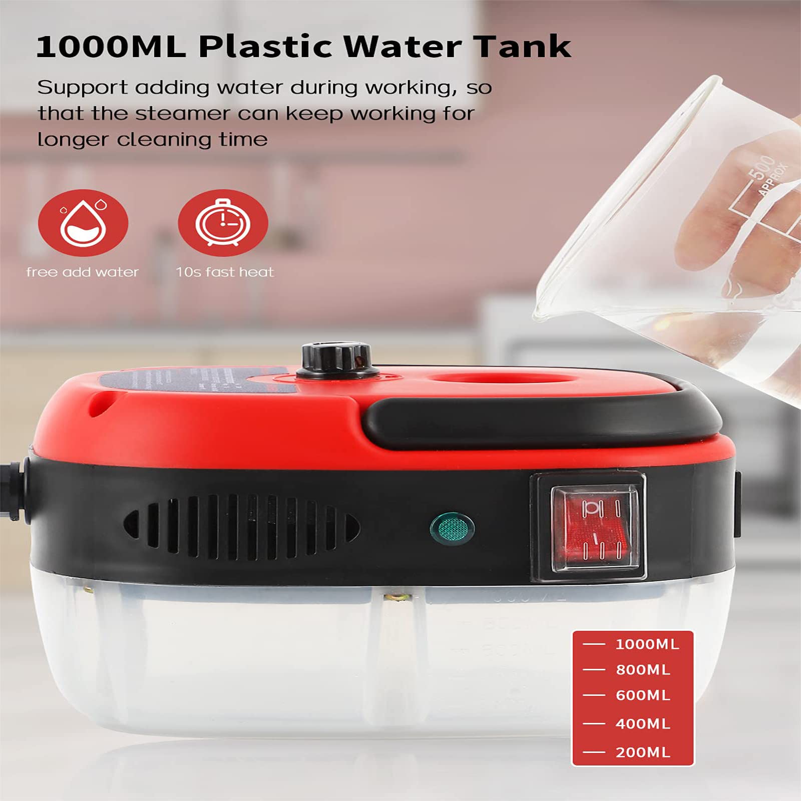 Portable Handheld Steam Cleaner for Kitchen, Bathroom, Furniture & Car Detailing - Auto Pumping, Red | Deep Cleaning Appliances, Upholstery, Tiles & More