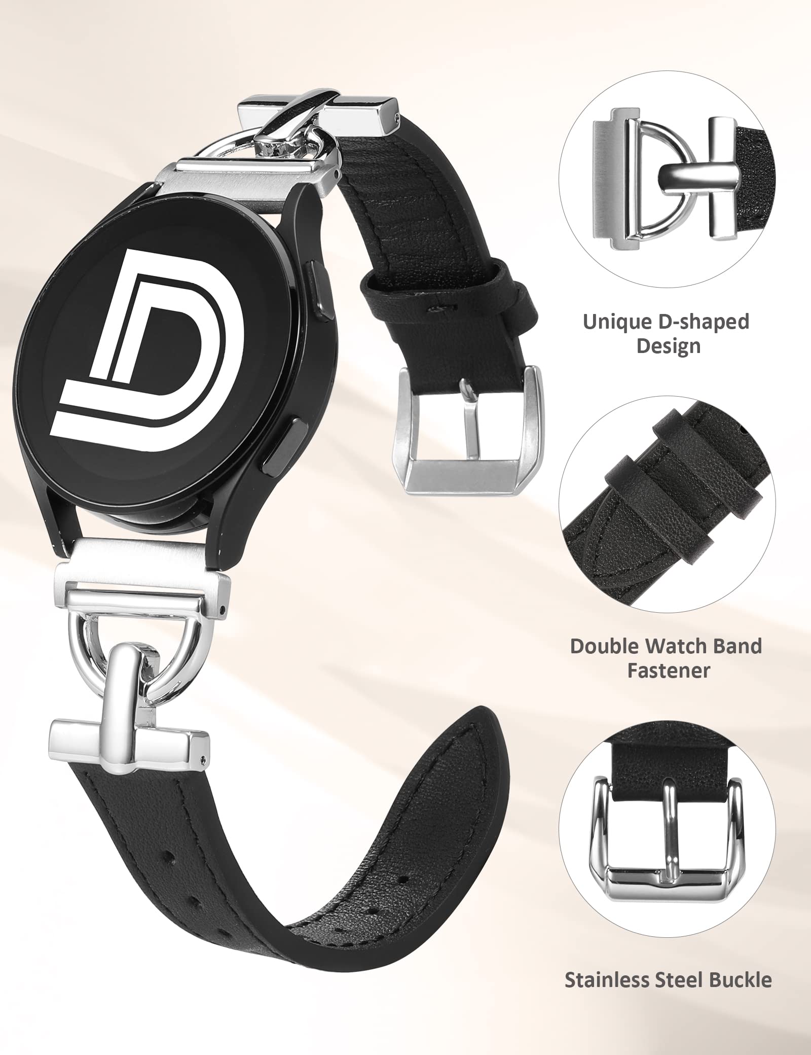 Wearlizer 20mm Leather Watch Band for Samsung Galaxy Watch 7/6/5/4 - Black/Silver - Perfect for Work & Casual Wear